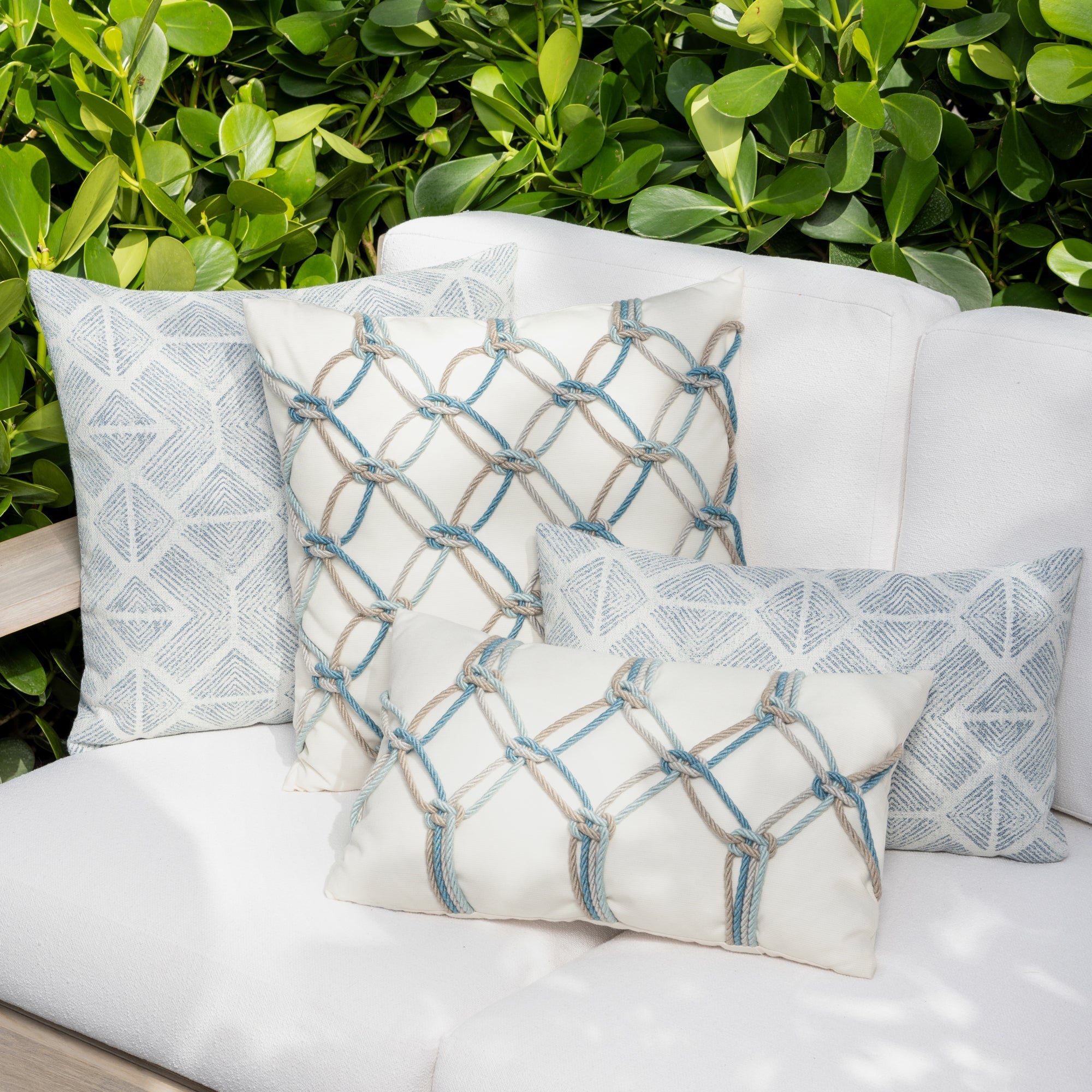 ivory and aqua textured accent pillows for elegant indoor and outdoor decor by Elaine Smith