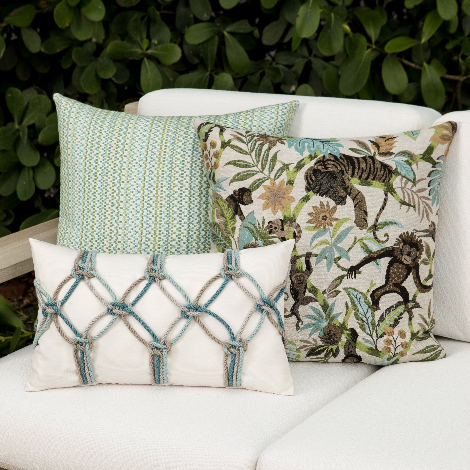 ivory and aqua textured accent pillows for elegant indoor and outdoor decor by Elaine Smith