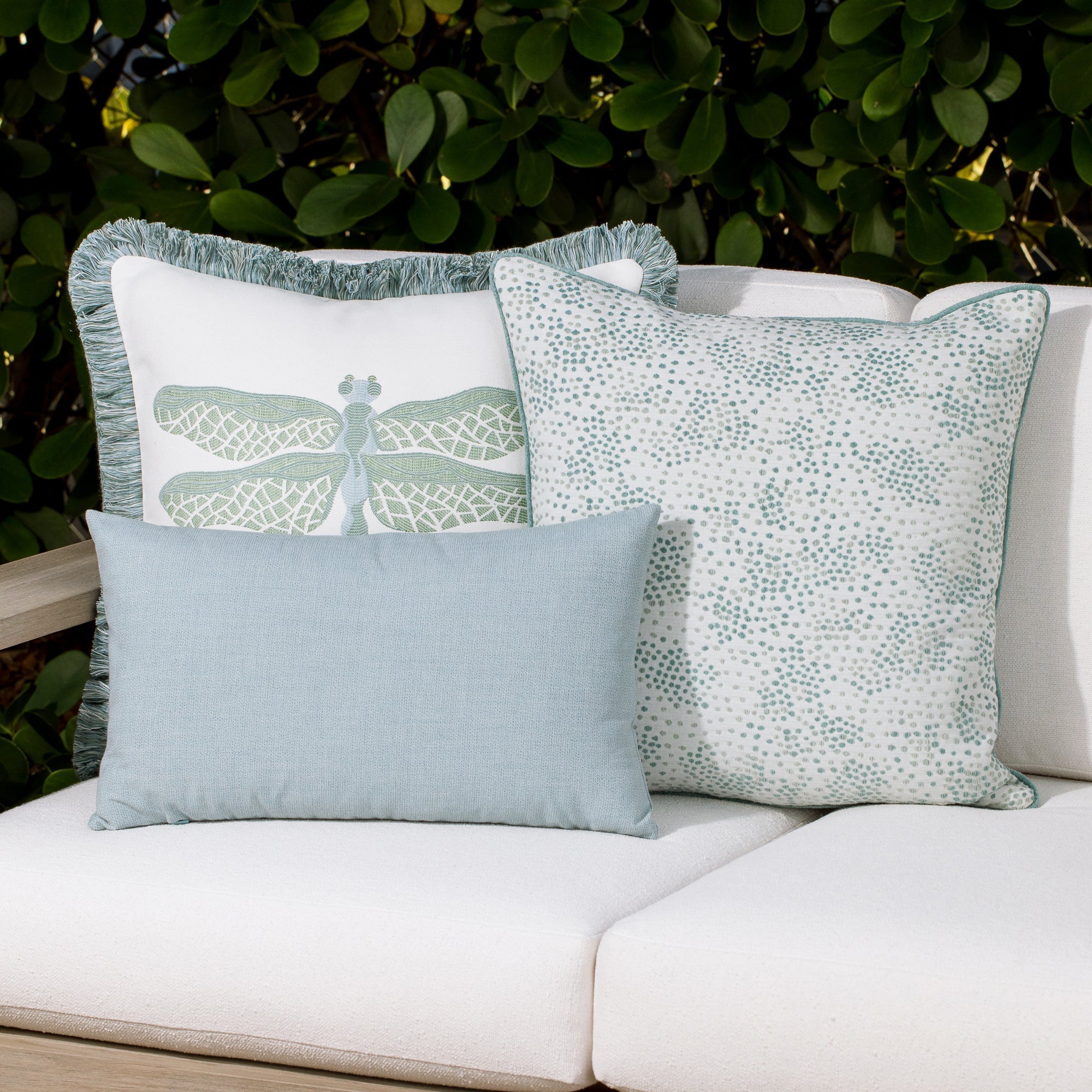 Solid dew and dragonfly woven pillows for indoor and outdoor safe use