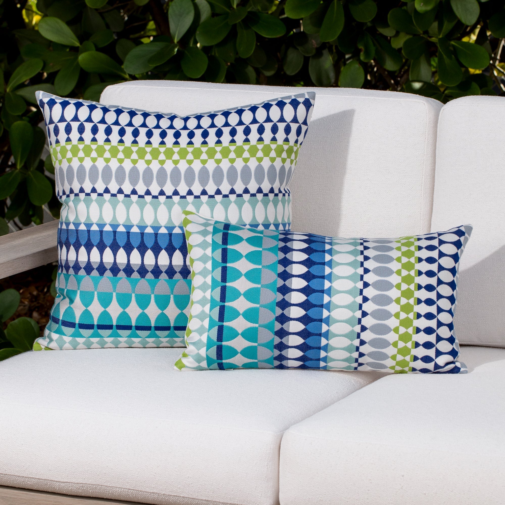 Aqua and green geometric pillows for elegant indoor and outdoor decor by Elaine Smith
