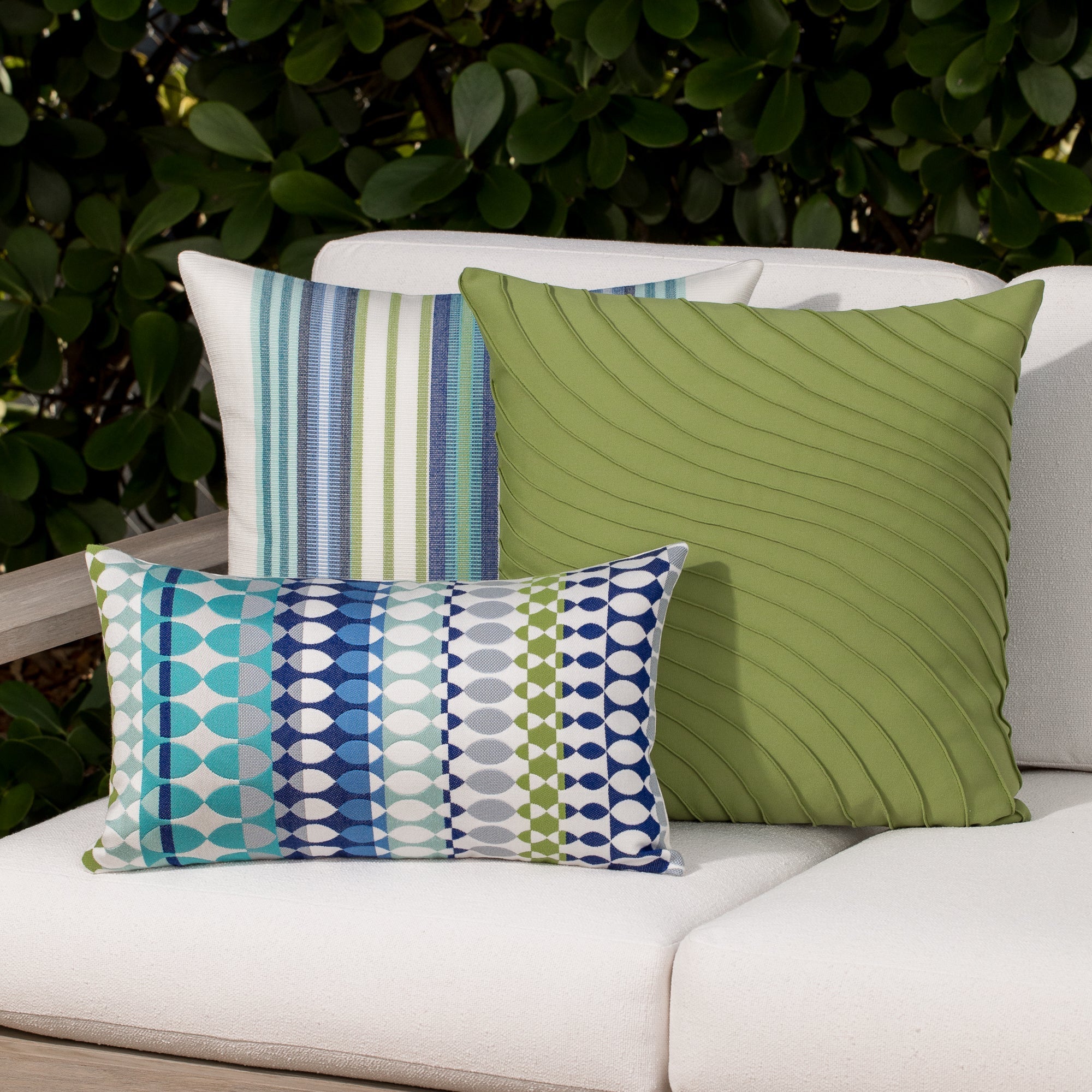 Aqua and green geometric pillows for elegant indoor and outdoor decor by Elaine Smith