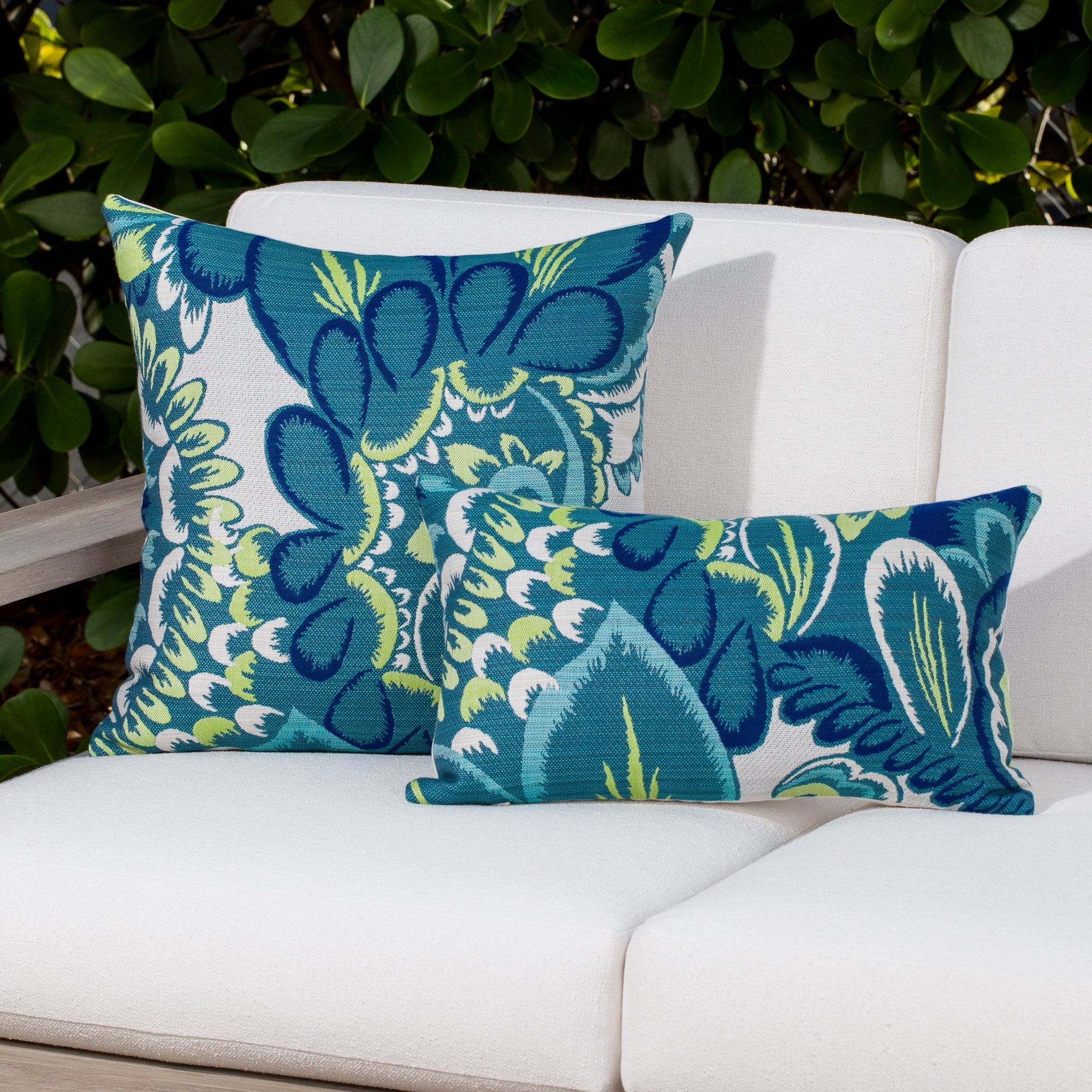 Aqua and green floral pillows for elegant indoor and outdoor decor by Elaine Smith