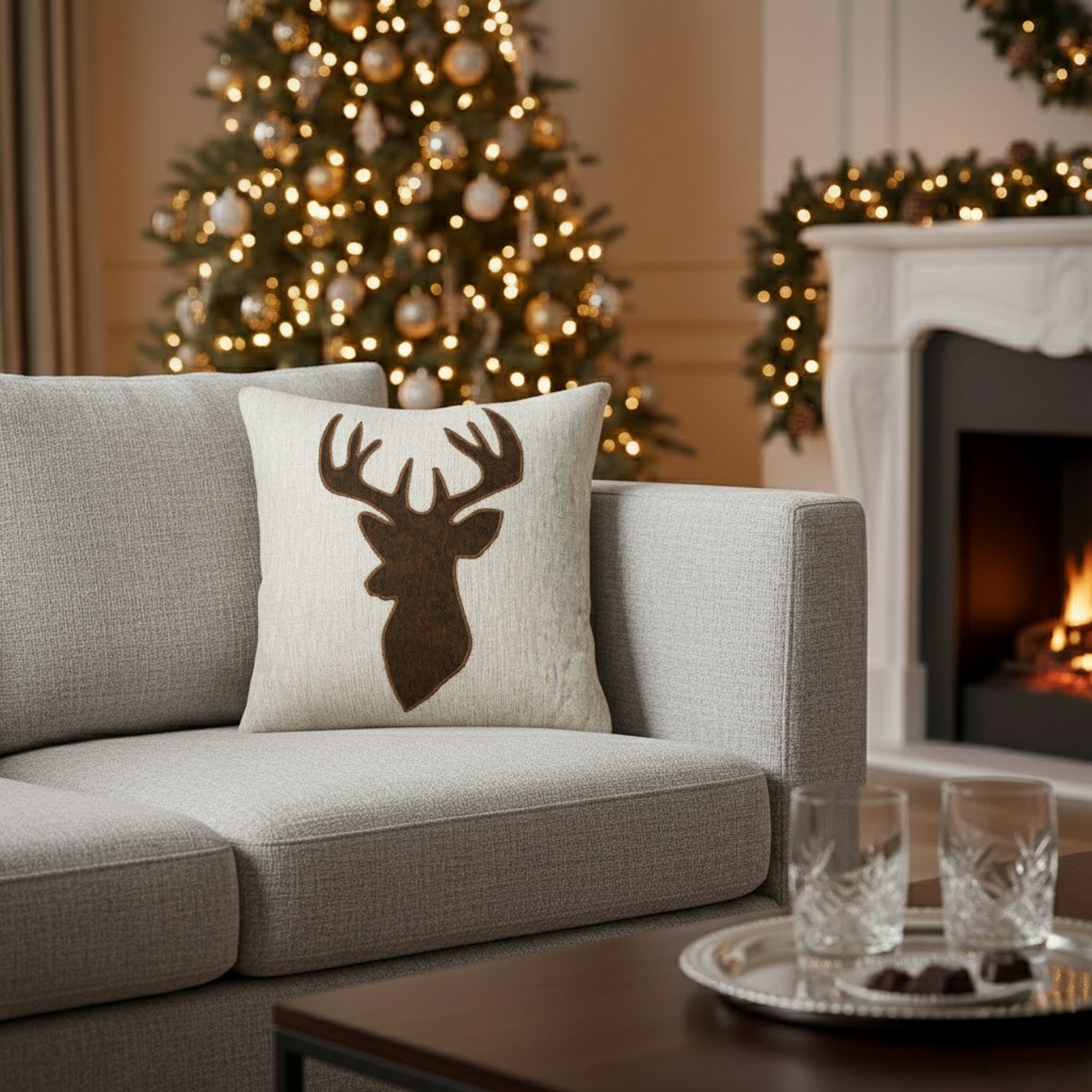Indoor environmental image of reindeer pillow in holiday scene