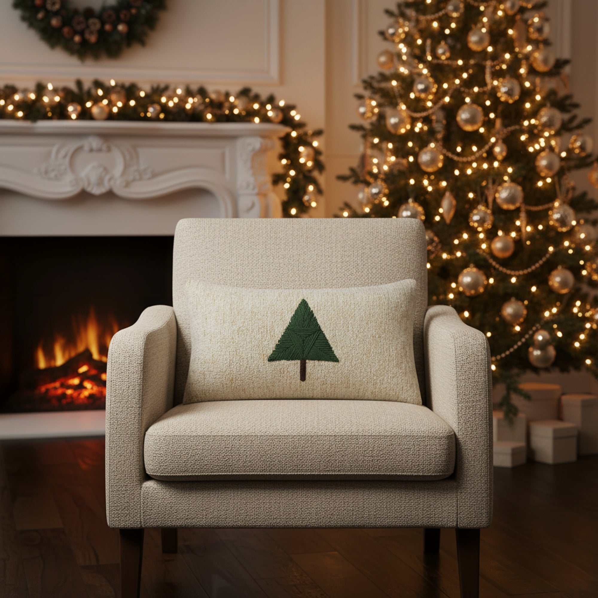 Indoor environmental image of textured beige lumbar pillow with hand stitched tree details in holiday scene