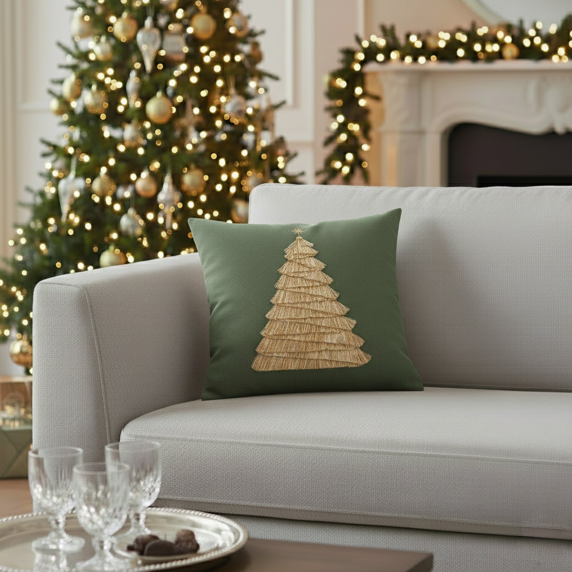 Indoor environmental image of soft green square pillow with handmade tree details in holiday scene
