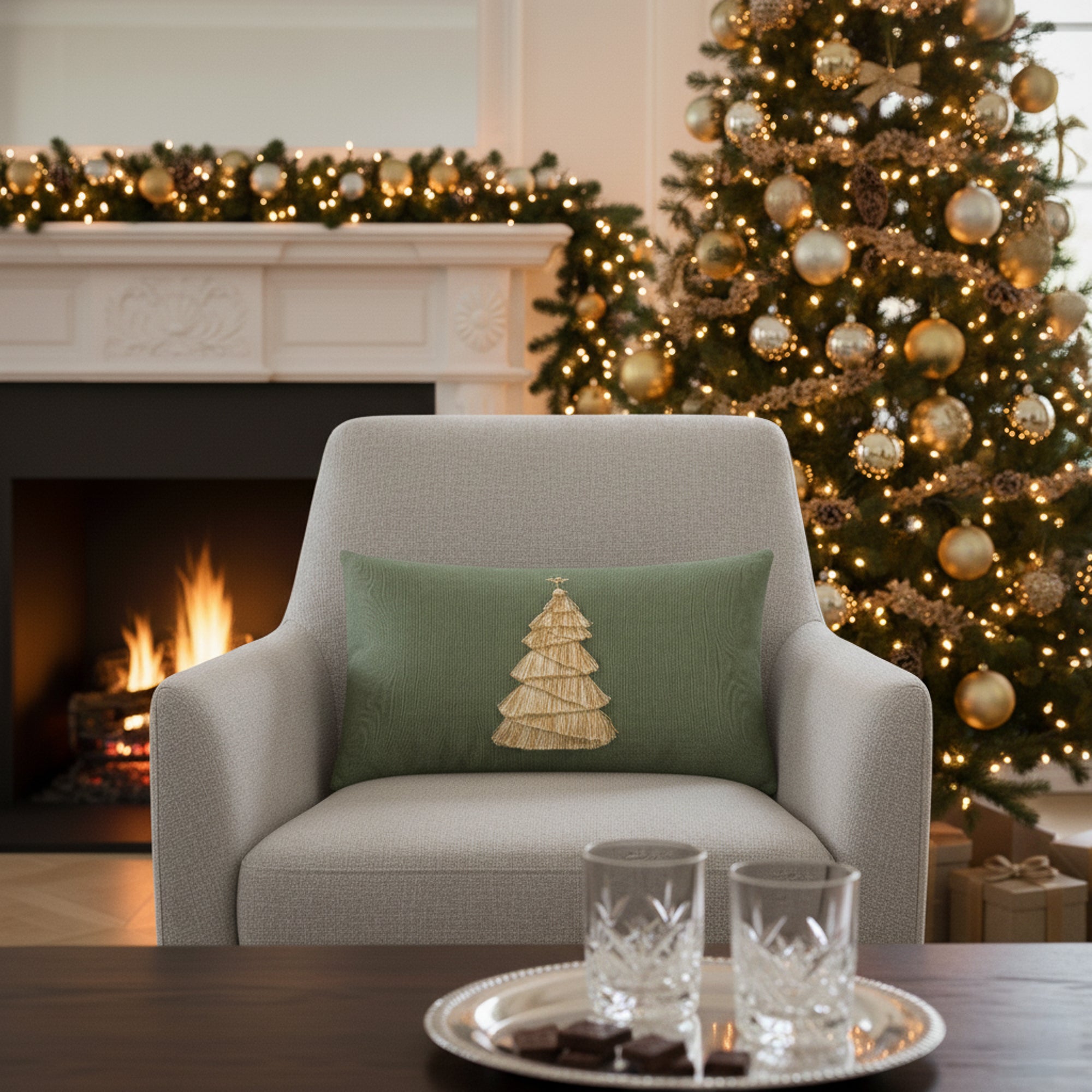 Indoor environmental image of soft green lumbar pillow with handmade tree details in holiday scene