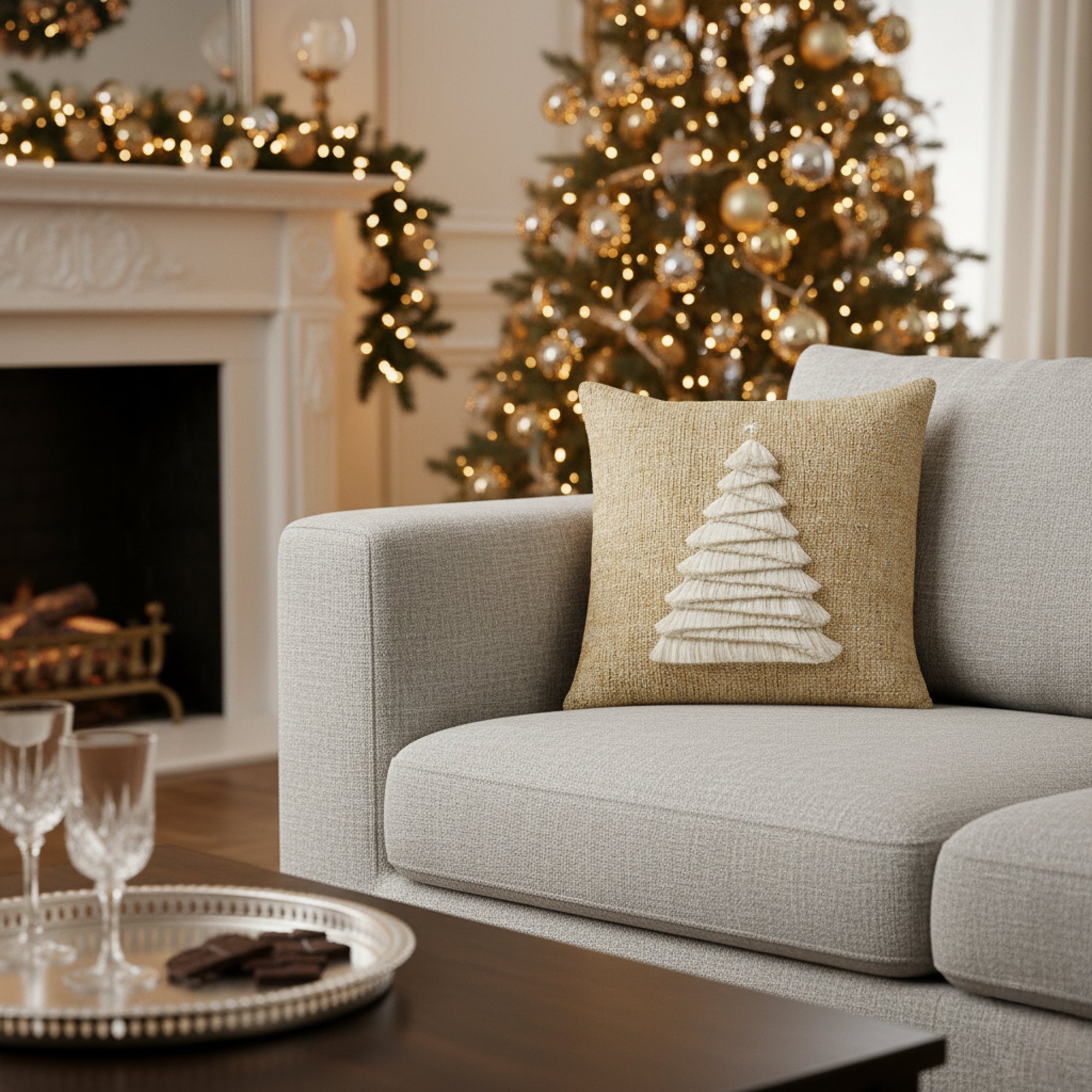 Indoor environmental image of soft gold square pillow with handmade tree details in holiday scene