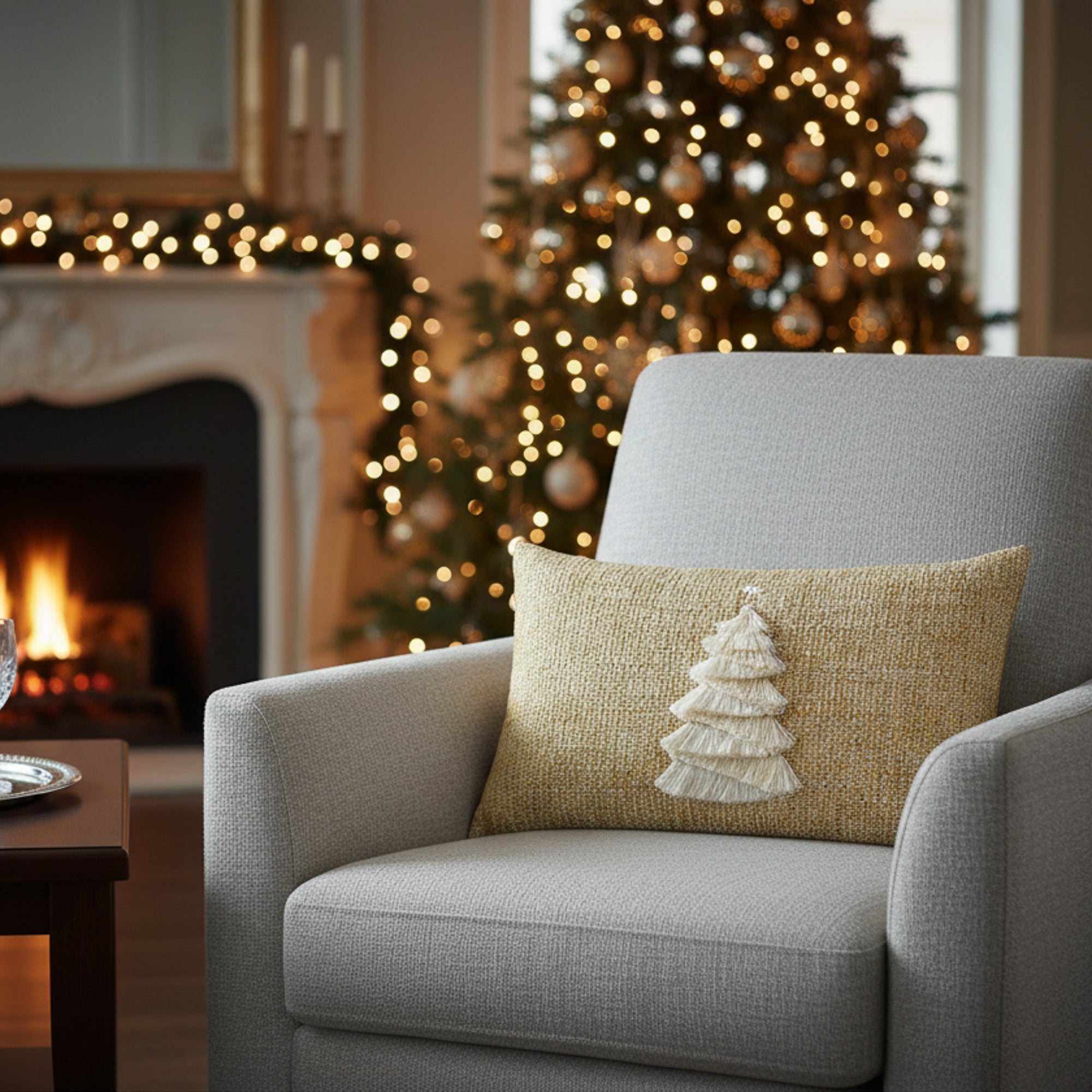 Indoor environmental image of soft gold lumbar pillow with handmade tree details in holiday scene
