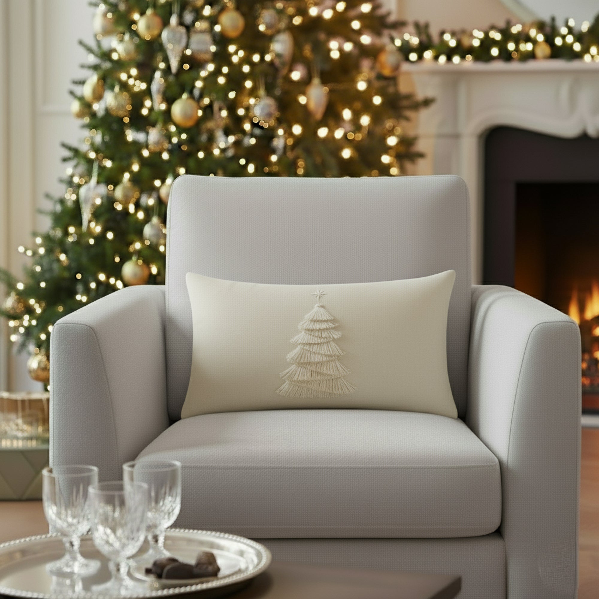 Indoor environmental image of soft ivory velvet lumbar pillow with handmade tree details in holiday scene