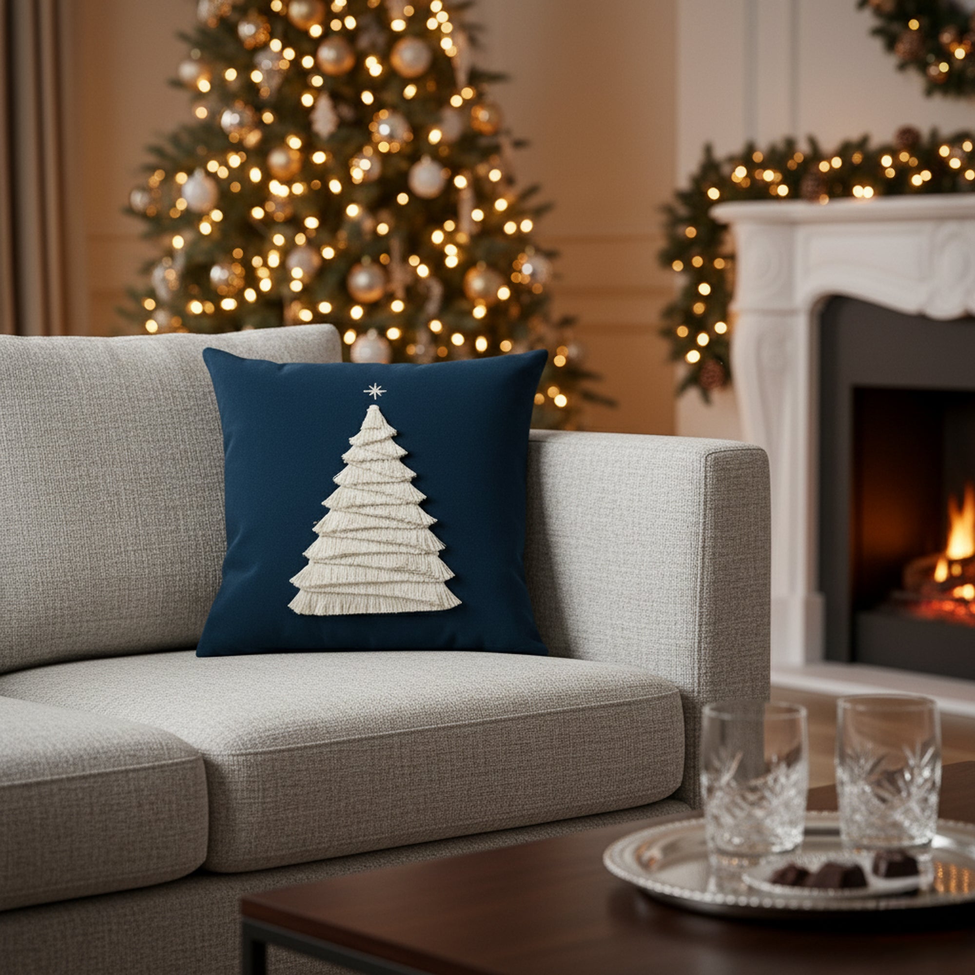 Indoor environmental image of soft midnight velvet square pillow with handmade tree details in holiday scene