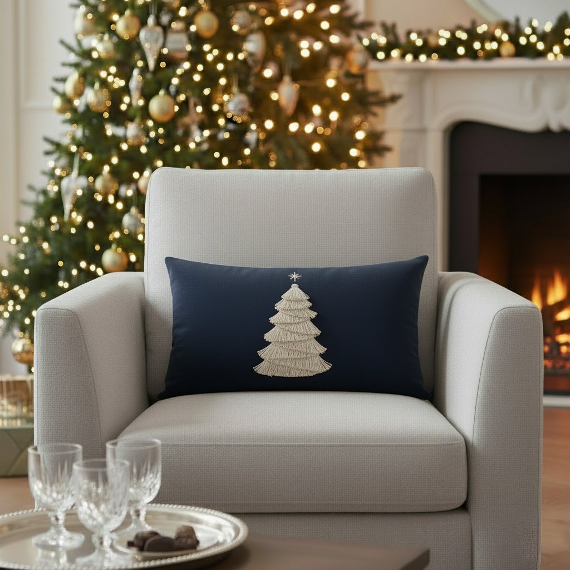 Indoor environmental image of soft midnight velvet square pillow with handmade tree details in holiday scene