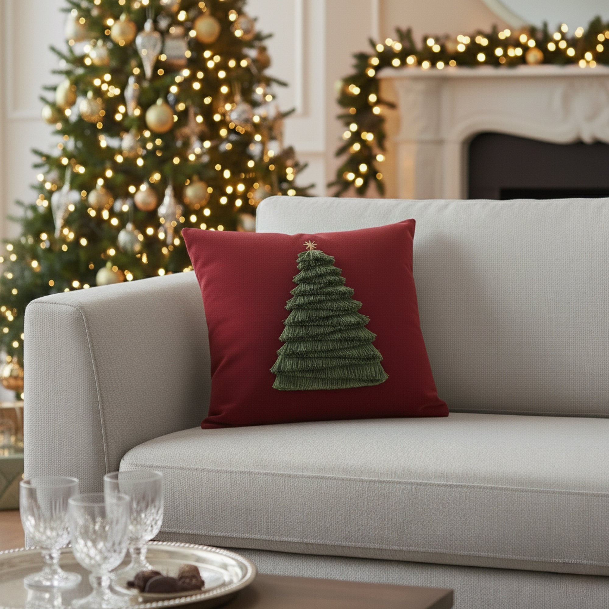 Indoor environmental image of soft ruby velvet square pillow with handmade tree details in holiday scene