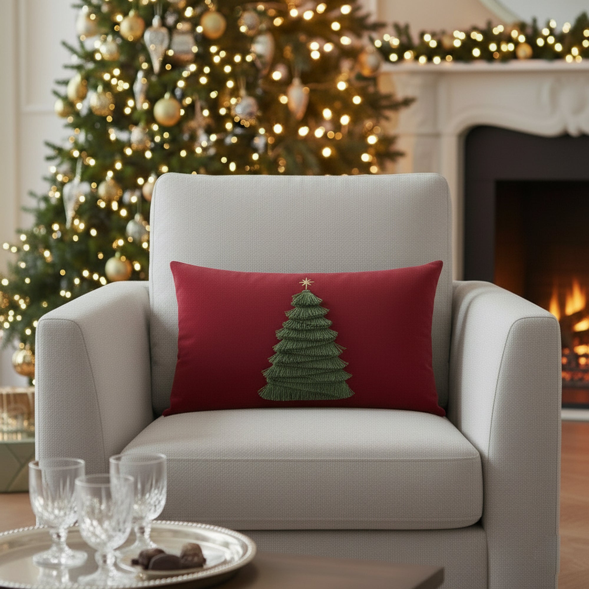 Indoor environmental image of soft ruby velvet lumbar pillow with handmade tree details in holiday scene