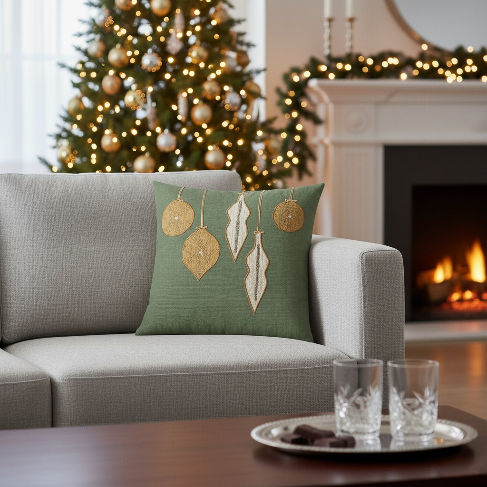 Indoor environmental image of soft green square pillow with hand appliqued ornament details in holiday scene