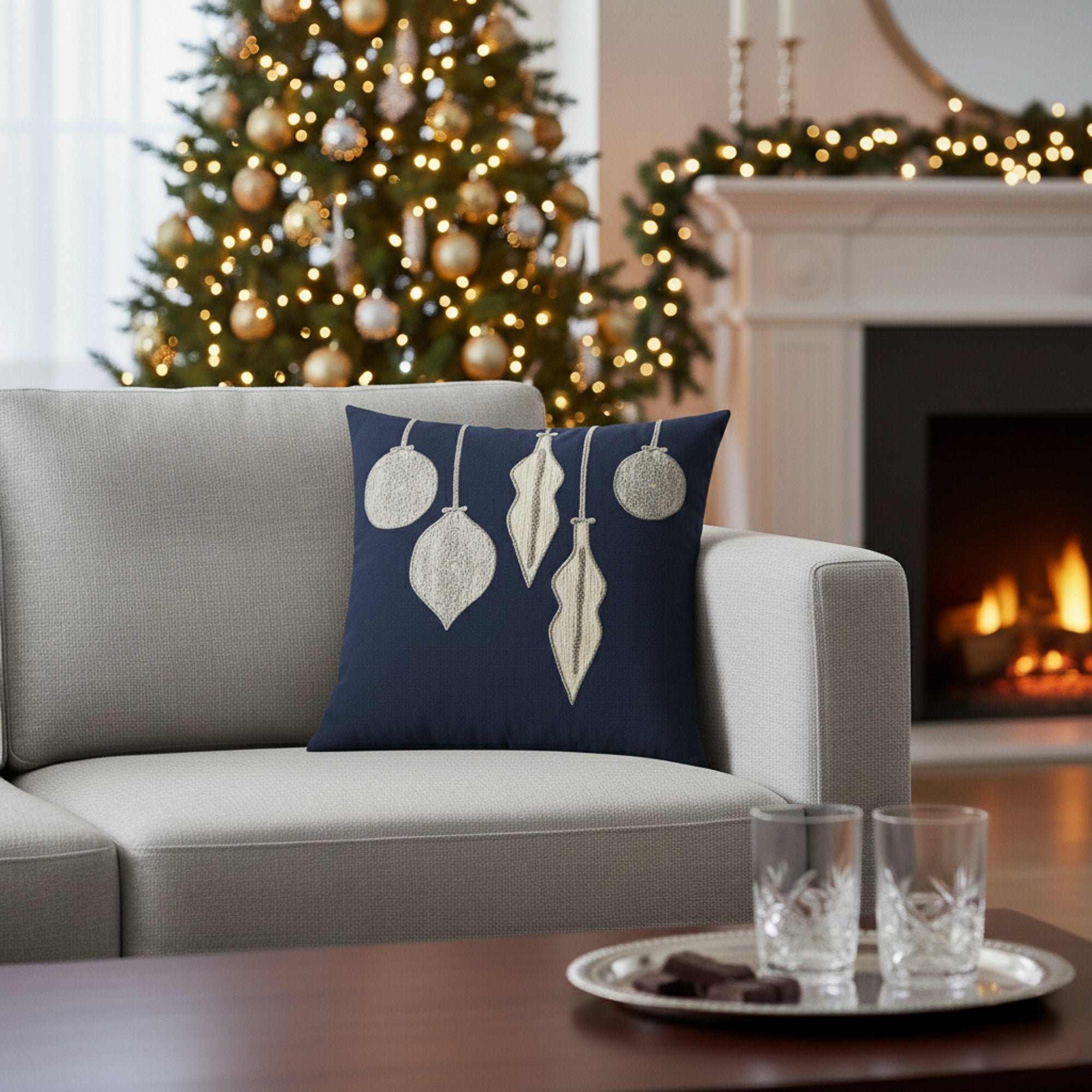 Indoor environmental image of soft midnight blue square pillow with hand appliqued ornament details in holiday scene
