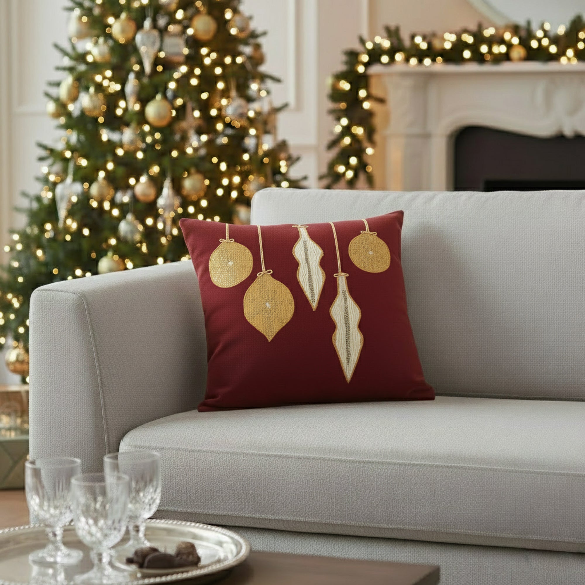 Indoor environmental image of soft ruby velvet square pillow with hand appliqued ornament details in holiday scene