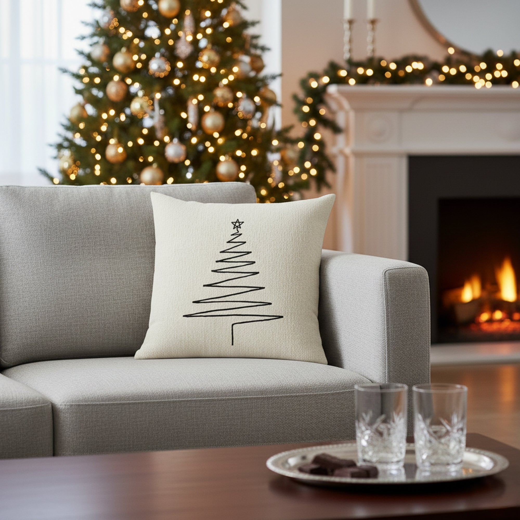 Indoor environmental image of soft ivory textured square pillow with handstitched tree details in holiday scene