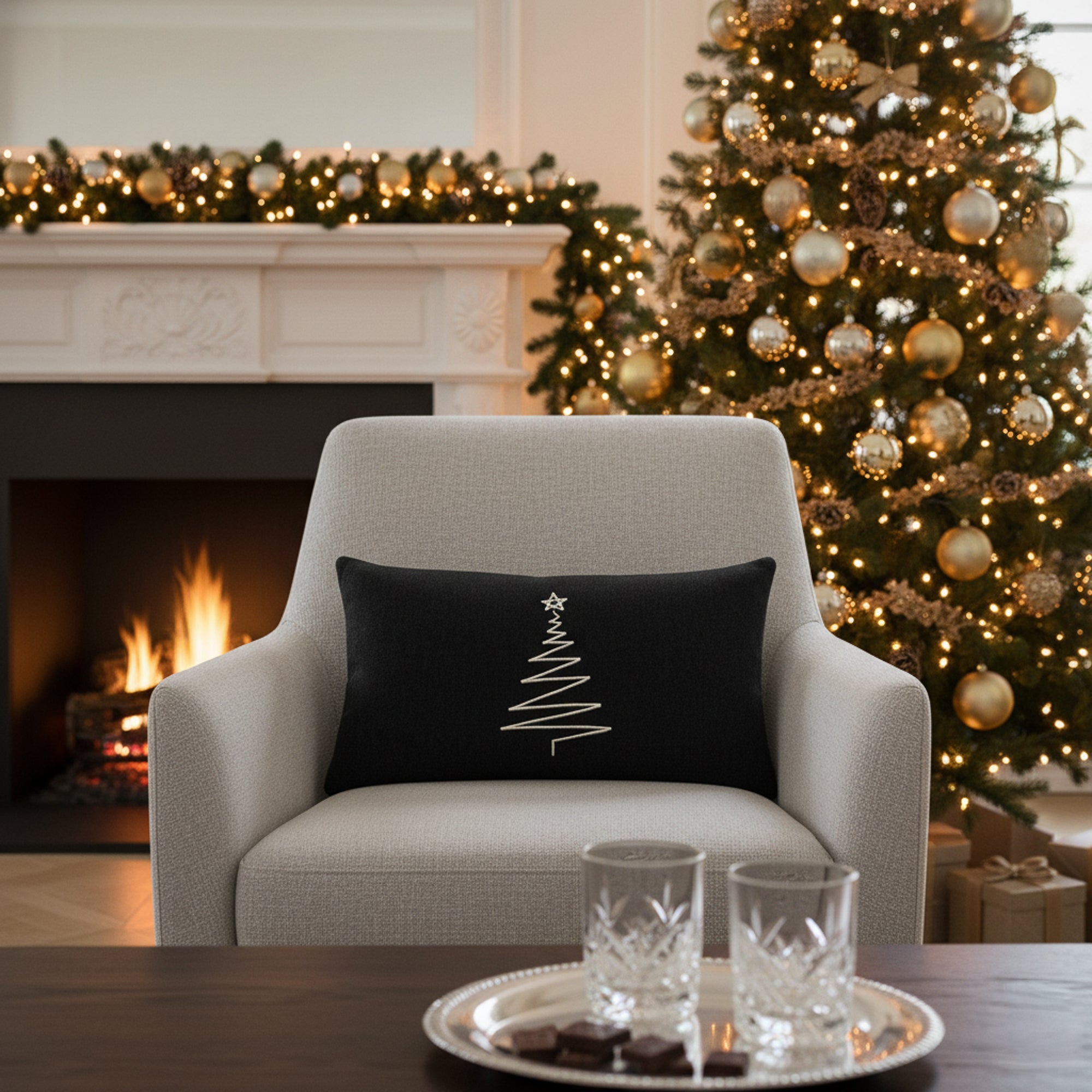 Indoor environmental image of soft charcoal textured lumbar pillow with handstitched tree details in holiday scene