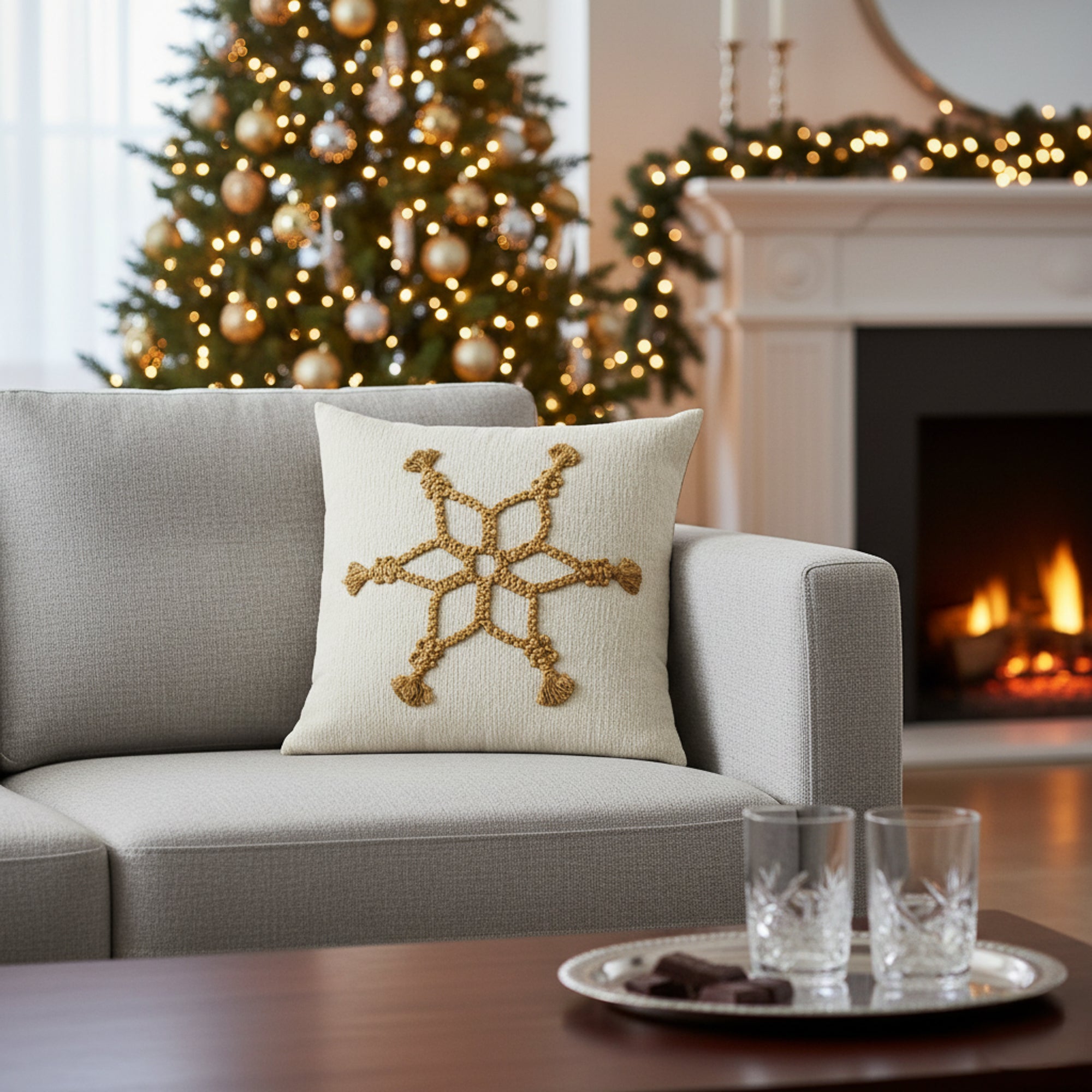 Indoor environmental image of soft ivory textured square pillow with handstitched snowflake details in holiday scene