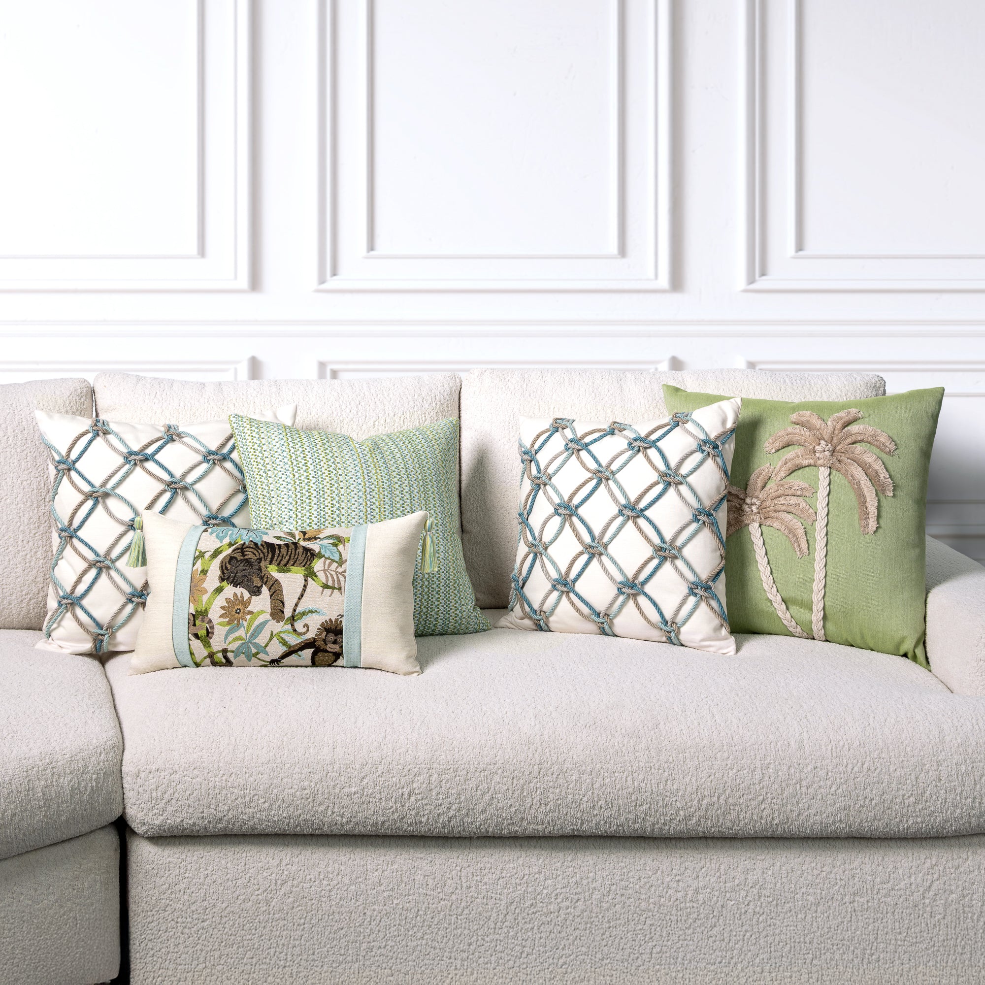 indoor environmental image of indigo coordinated pillow group by Elaine 