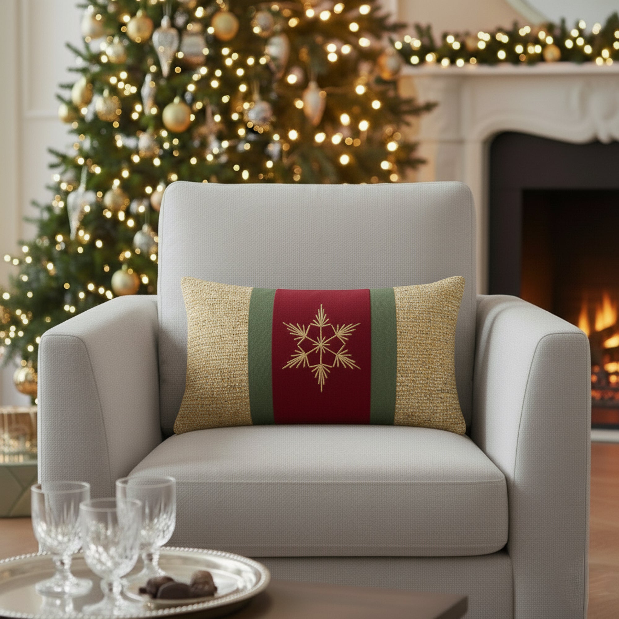 Indoor environmental image of textured klumbar pillow with handstitched snowflake  in holiday scene