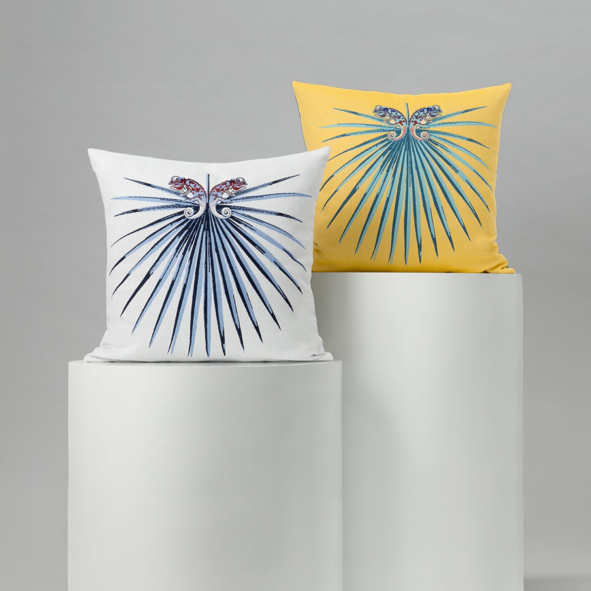 Two decorative pillows with abstract designs on a gray background