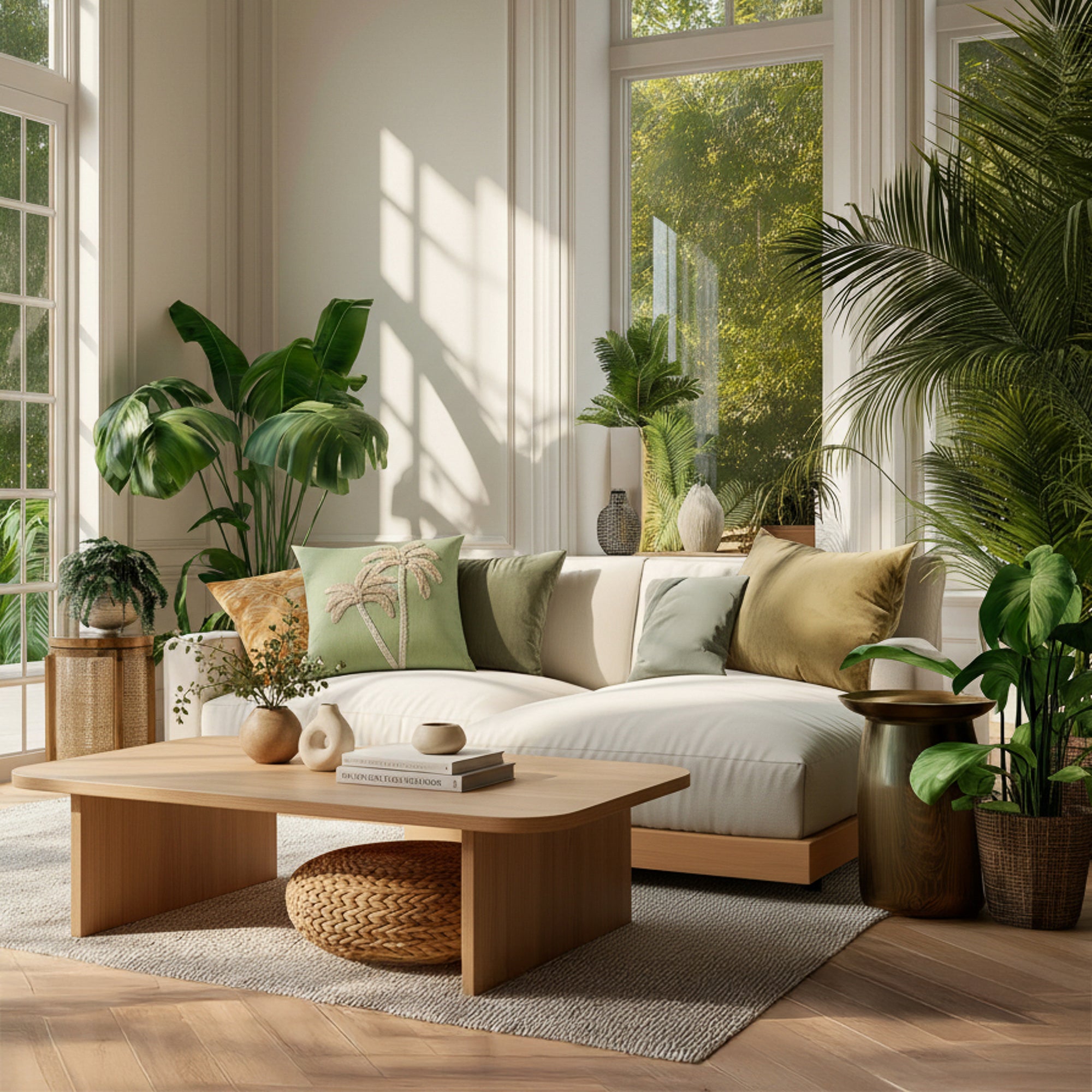 green textured pillow with ivory hand sewn palm tree on modern sofa