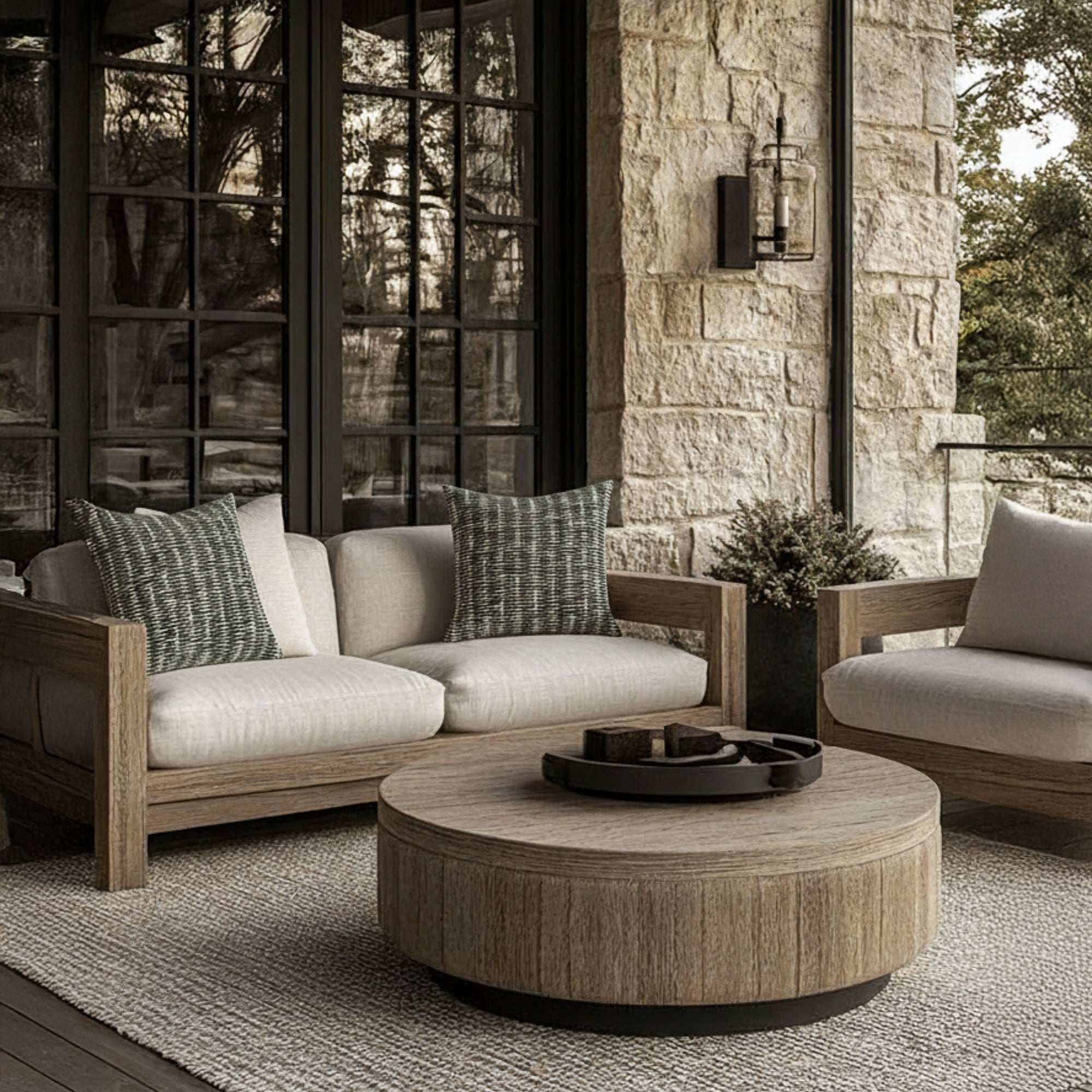 basketweave woven pillows in ebony and beige on modern outdoor sofa