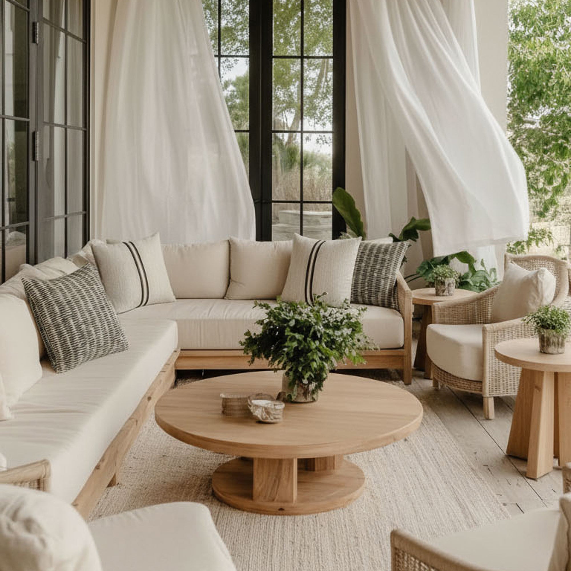 beige and black modern geometric pillows, outdoor safe on tropical outdoor sofa