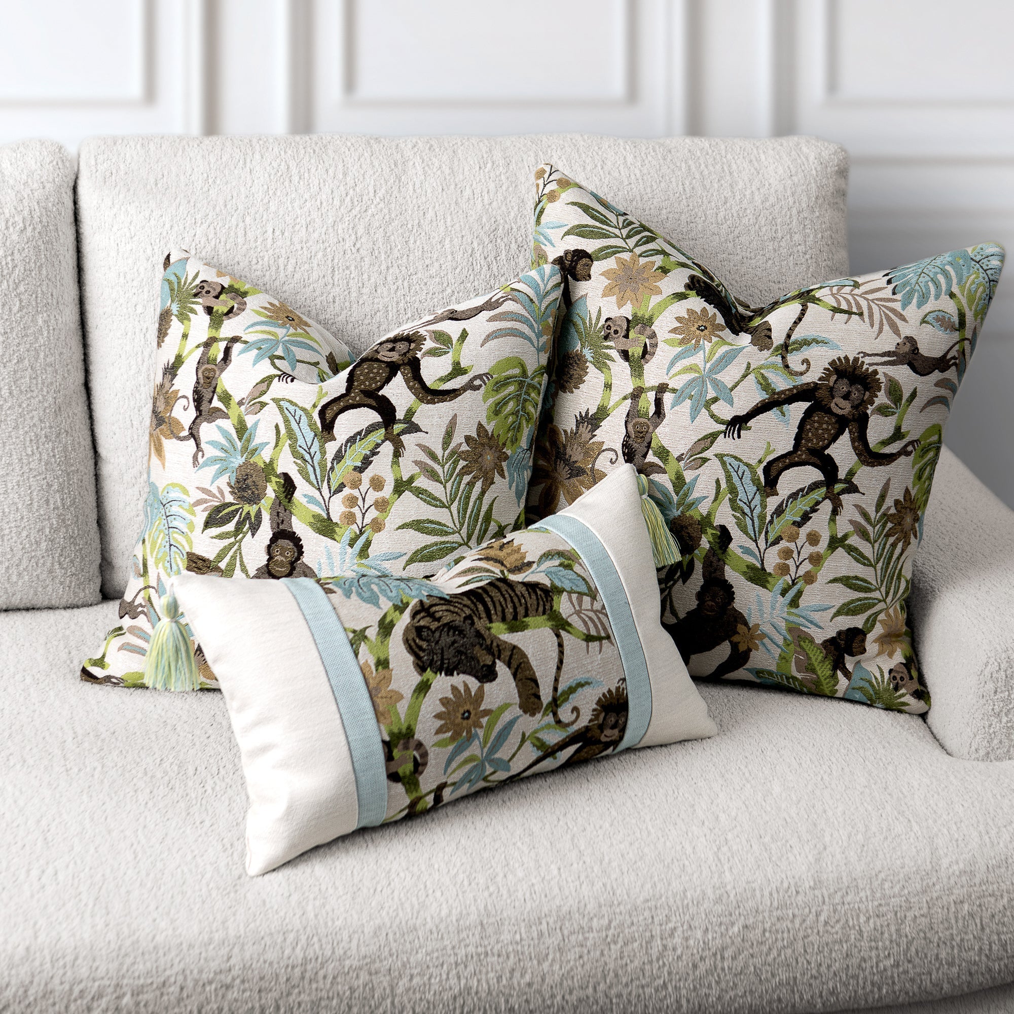 Decorative pillows with monkey pattern on a sofa