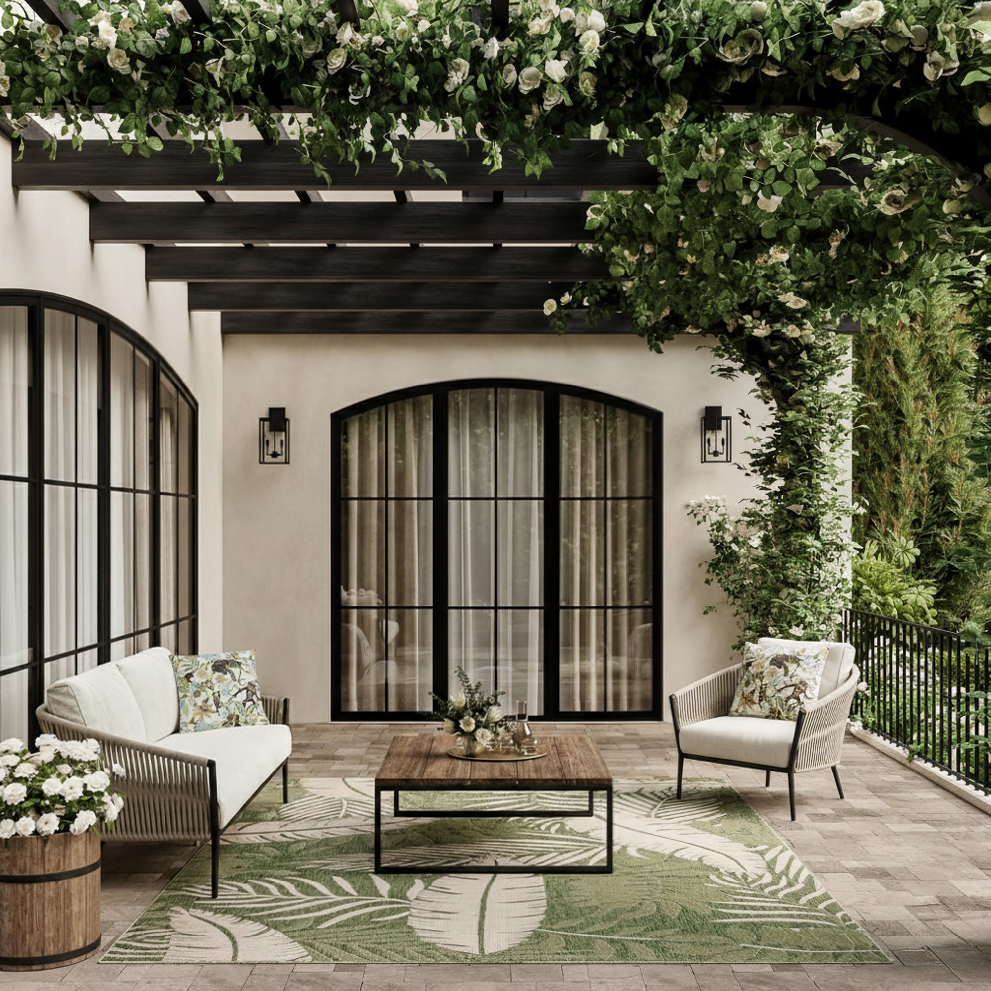 tropical woven outdoor safe pillows on back patio furniture