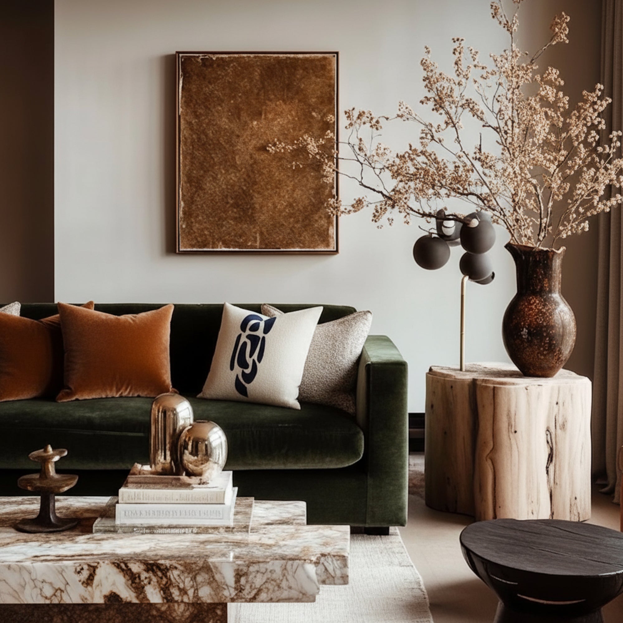 modern pillow in ivory and indigo on velvet green indoor sofa