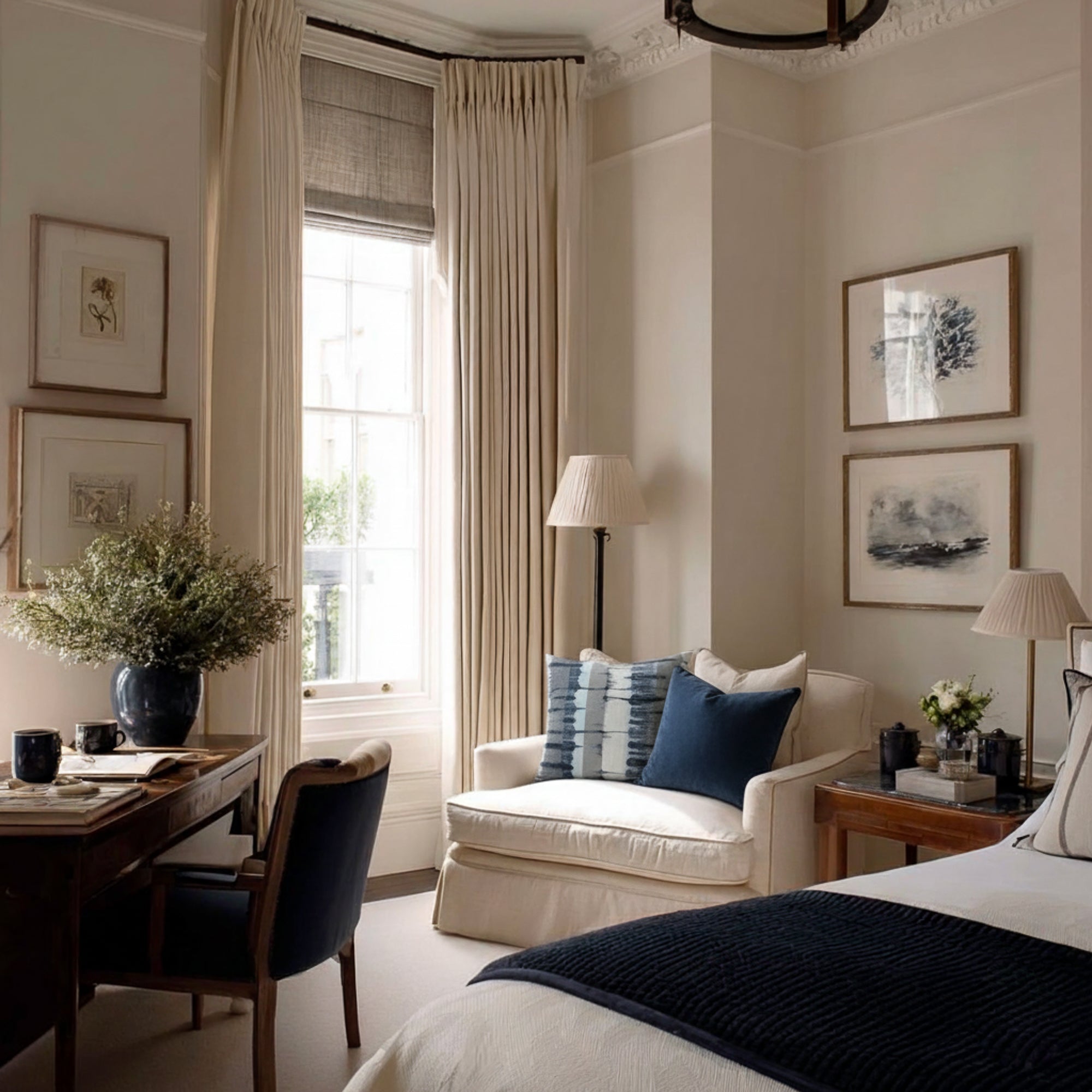 Indigo and white striped pillow on white indoor chair
