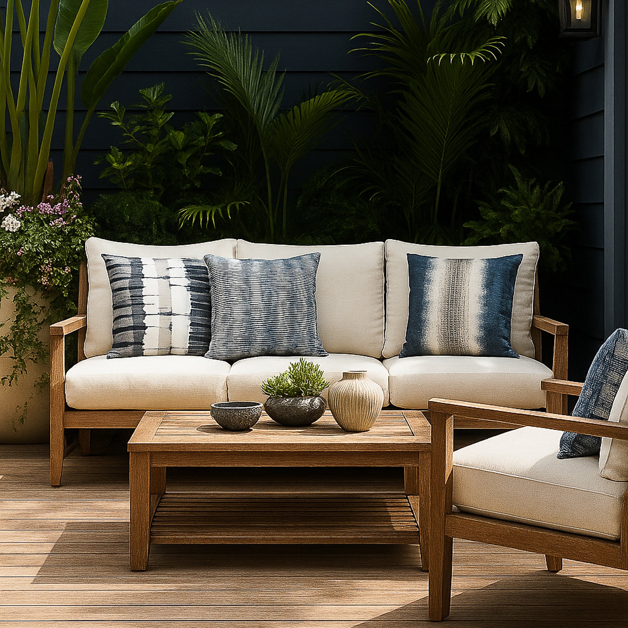 indigo and white pillows outdoor safe on modern outdoor sofa