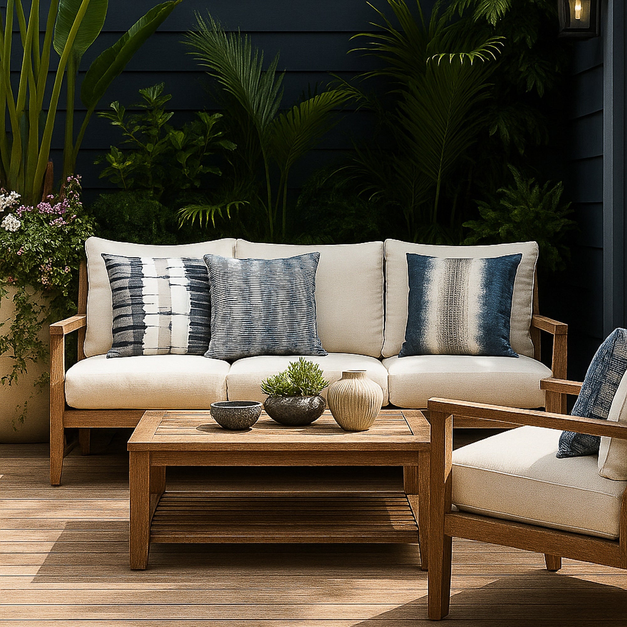 indigo and white pillows outdoor safe on modern outdoor sofa