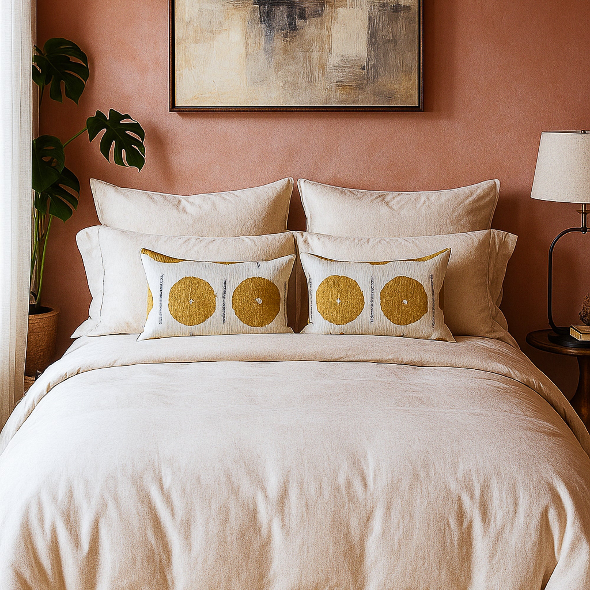 ivory pillows with large gold circles on modern bed