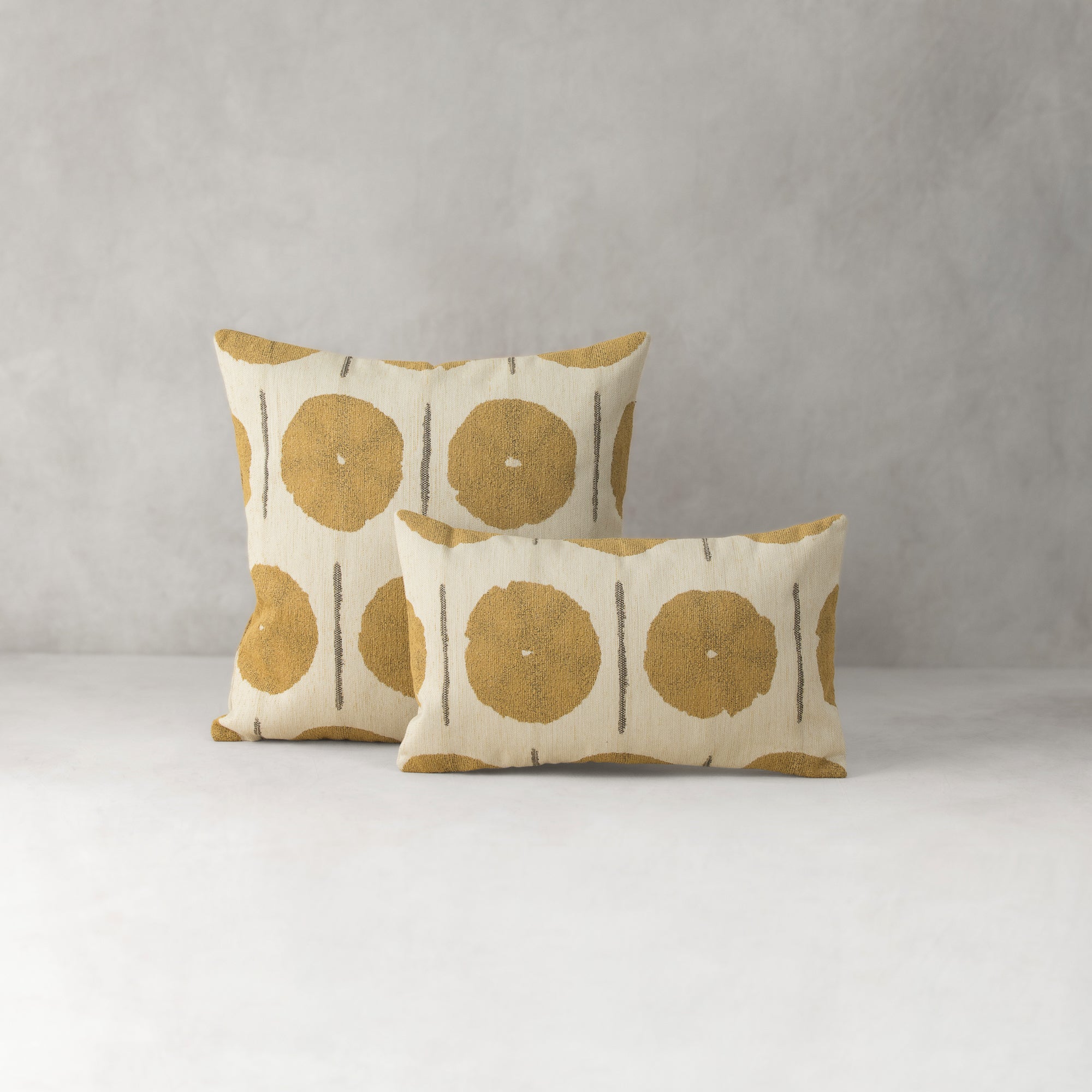 Two patterned pillows on a gray background