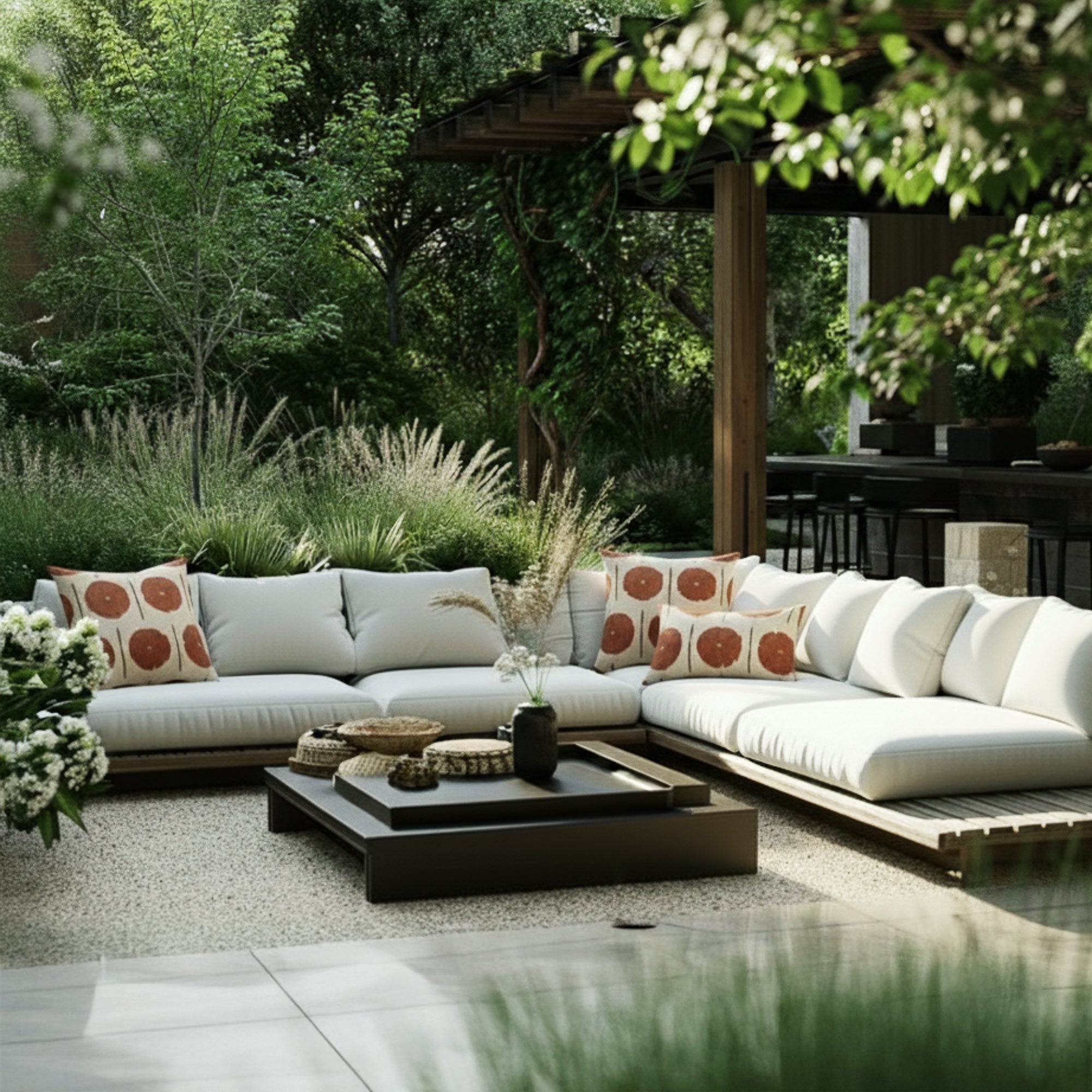 ivory and papaya geometric pillows on modern outdoor sofa