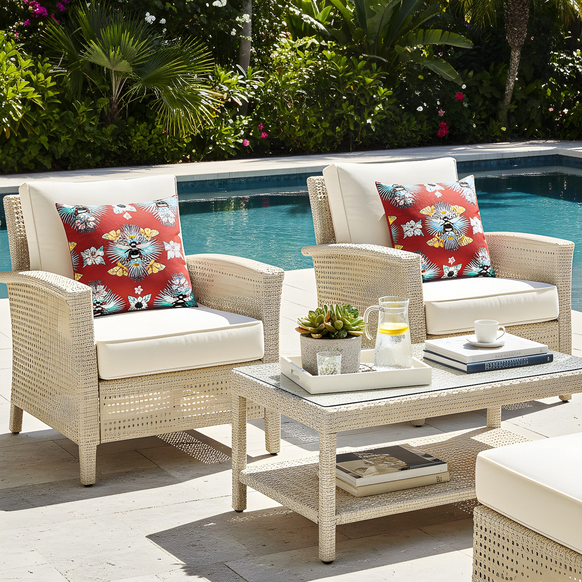 red botanical bee woven outdoor safe pillows on outdoor chairs by a pool