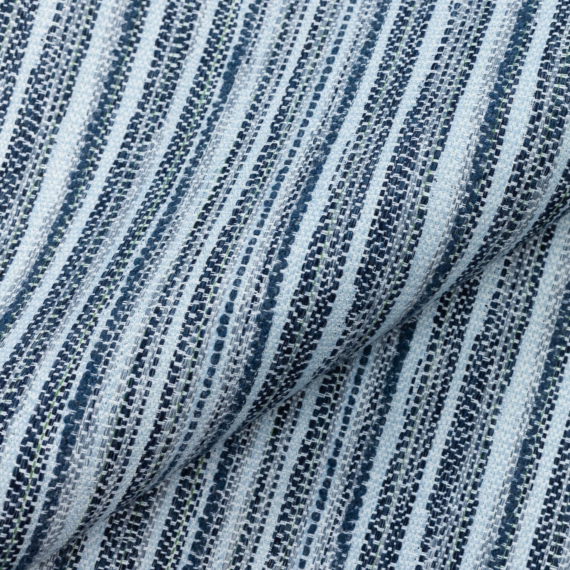 Close shot texture image of Endless indigo stripe outdoor safe fabric with classic ticking pattern - Endless Indigo by Elaine Smith
