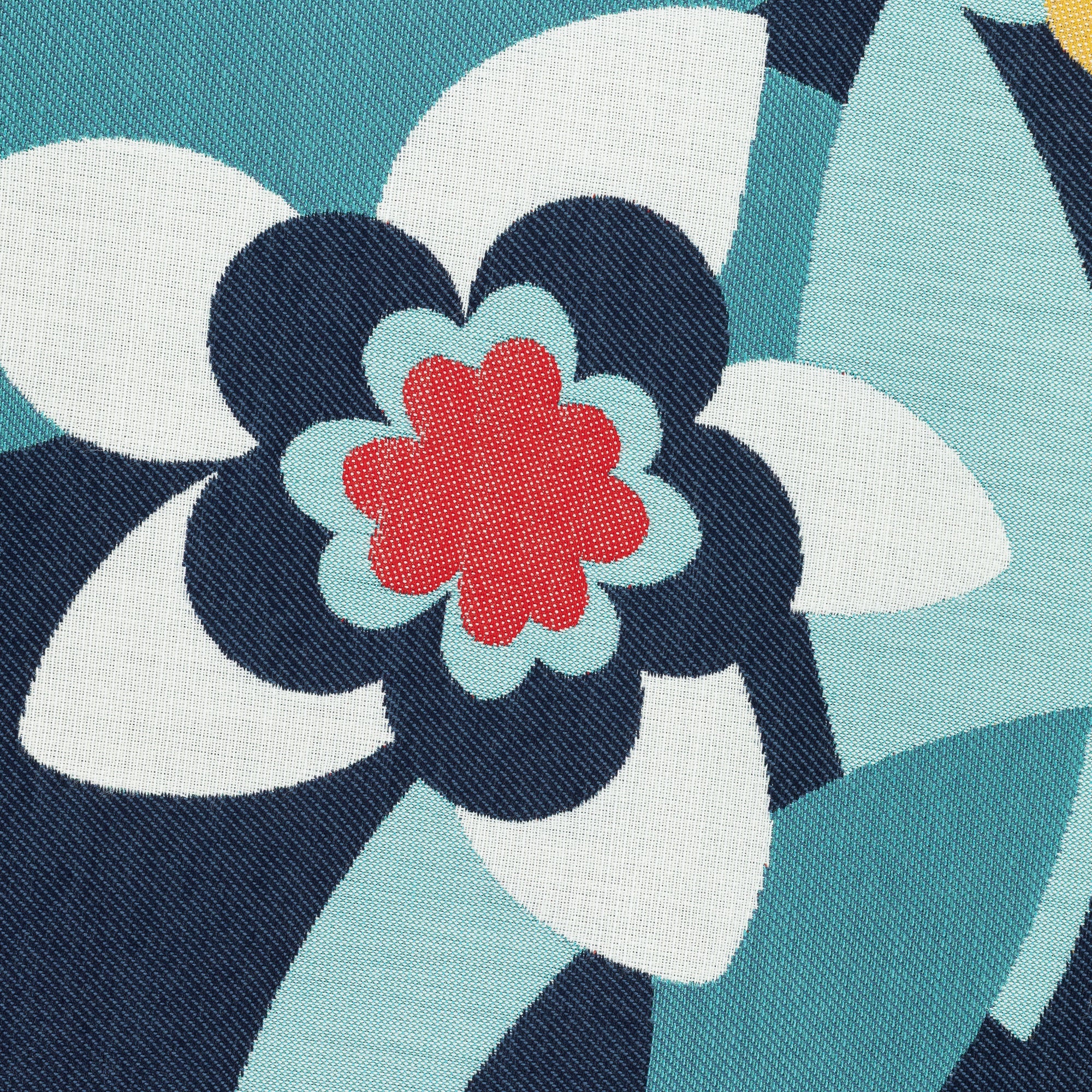 Detail image of Bold floral outdoor safe fabric with white, red, and navy blue blooms