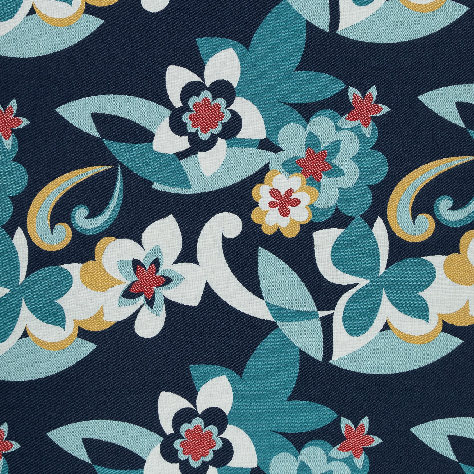Bold floral outdoor safe fabric with white, red, and navy blue blooms-full fabric repeat image
