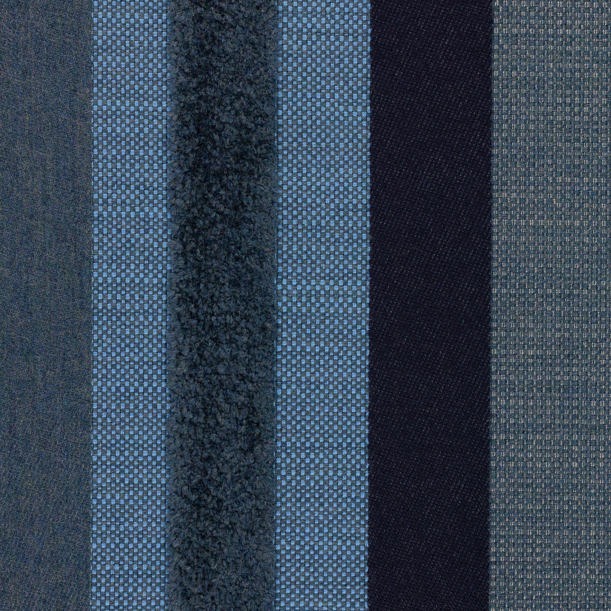 Detail image of Outdoor safe woven fabric with vertical indigo stripe pattern with rich bands of chenille– Intermix Indigo by Elaine Smith