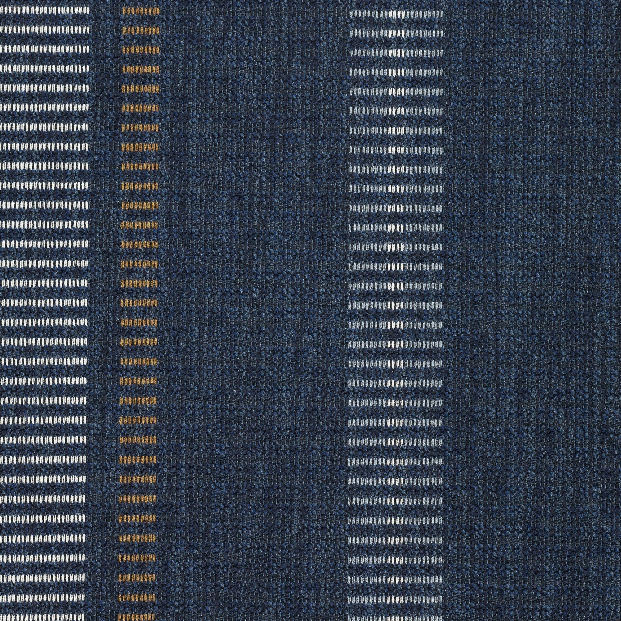 Detail image of Striped indigo outdoor safe fabric with rich earth-tone accents – Journey Indigo by Elaine Smith