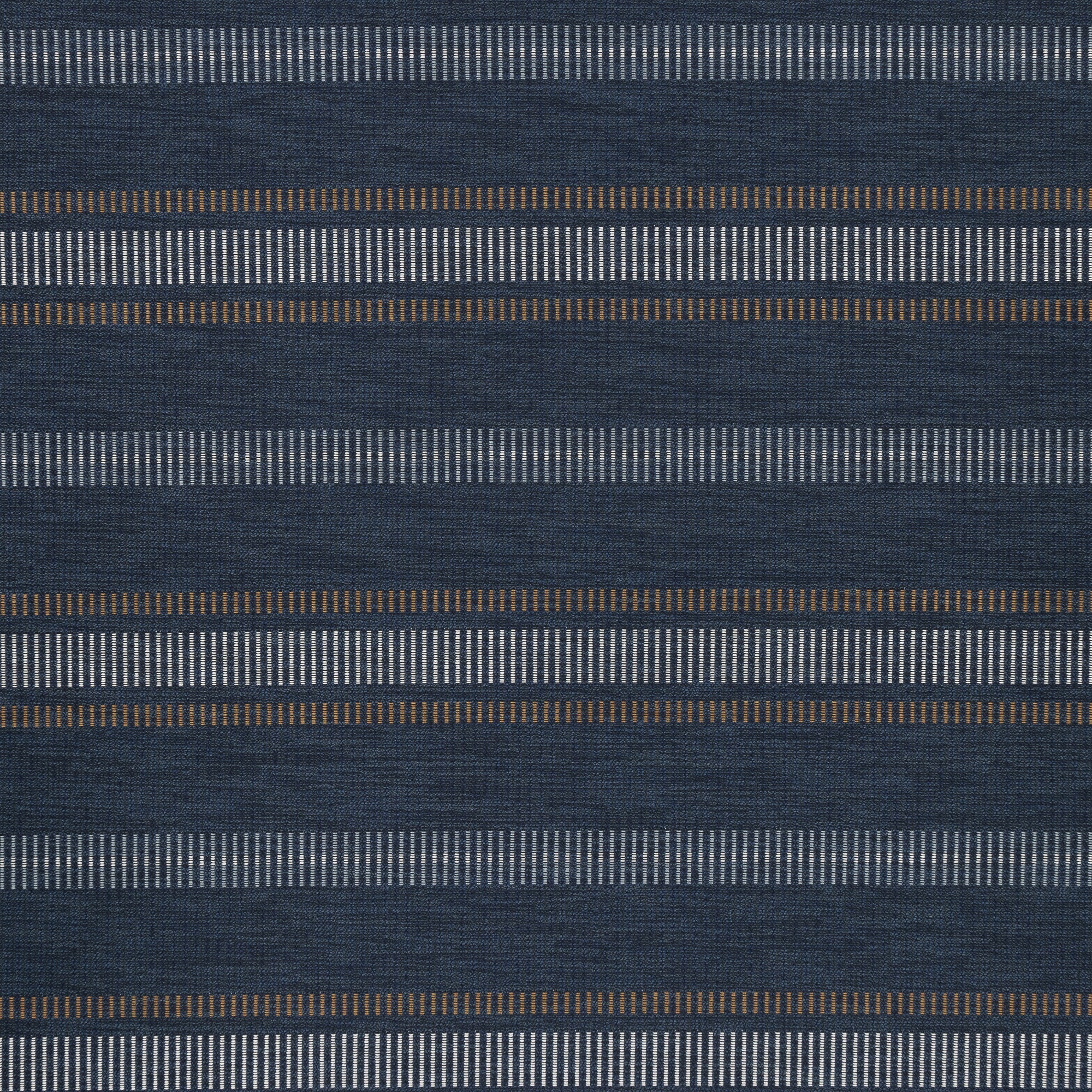 Striped indigo outdoor safe fabric with rich earth-tone accents – Journey Indigo by Elaine Smith-full fabric repeat image