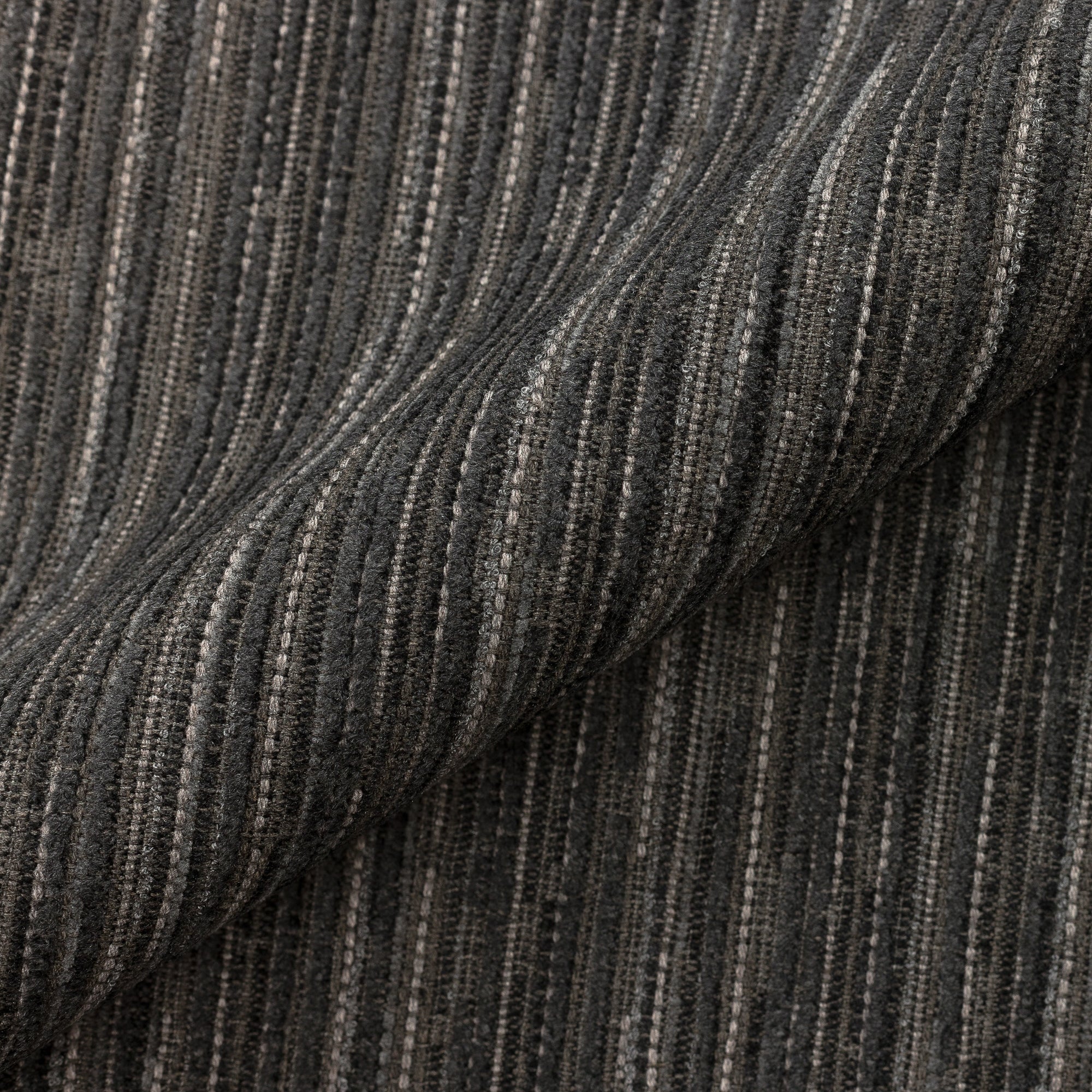 Close shot texture image of Elegant stripe outdoor safe chenille woven fabric in charcoal tones