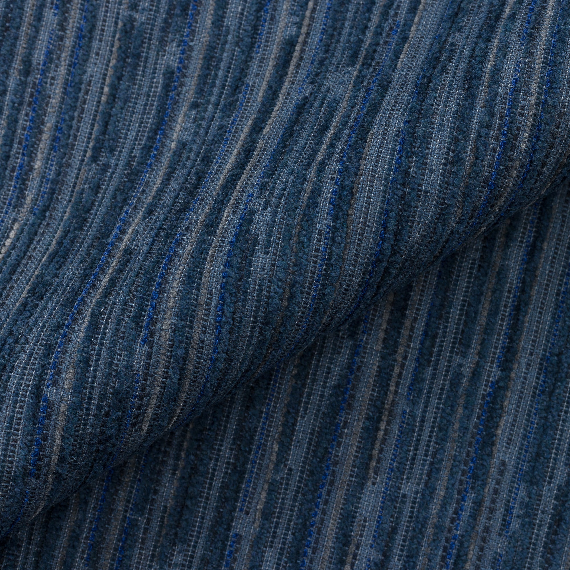 Close shot texture image of Refined indigo stripe outdoor-safe chenille fabric with elegant pattern - Luxe Stripe Indigo by Elaine Smith