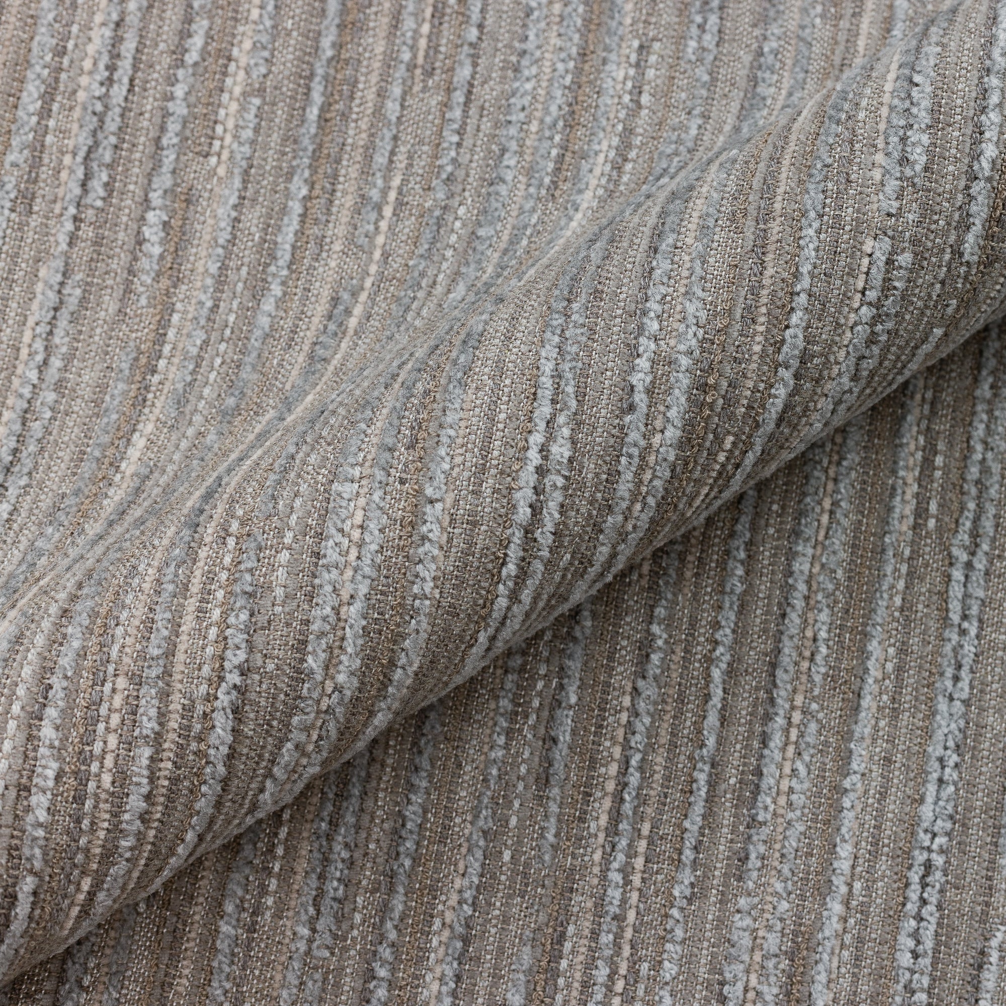 Close shot texture image of Soft pewter stripe outdoor safe performance fabric in cut chenille– Luxe Stripe Pewter by Elaine Smith