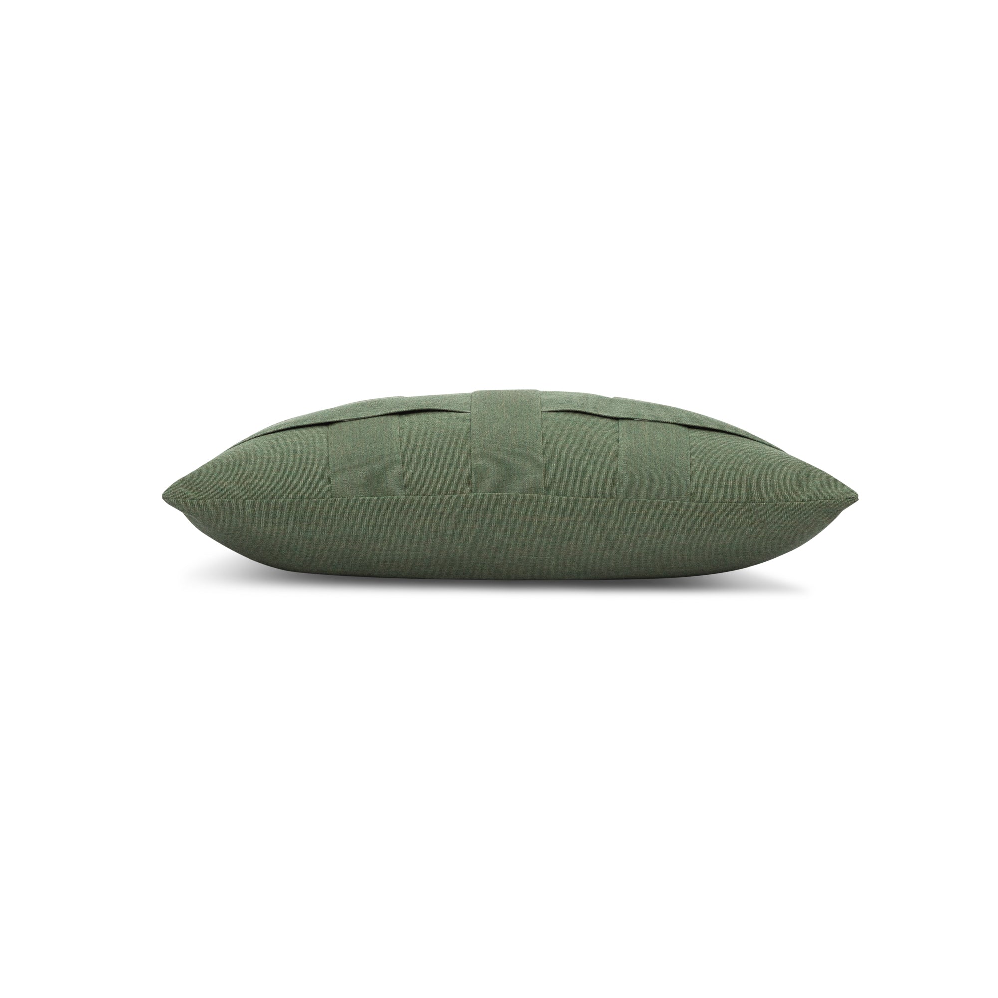 Side image of Olive green outdoor pillow with solid texture for earthy outdoor accents