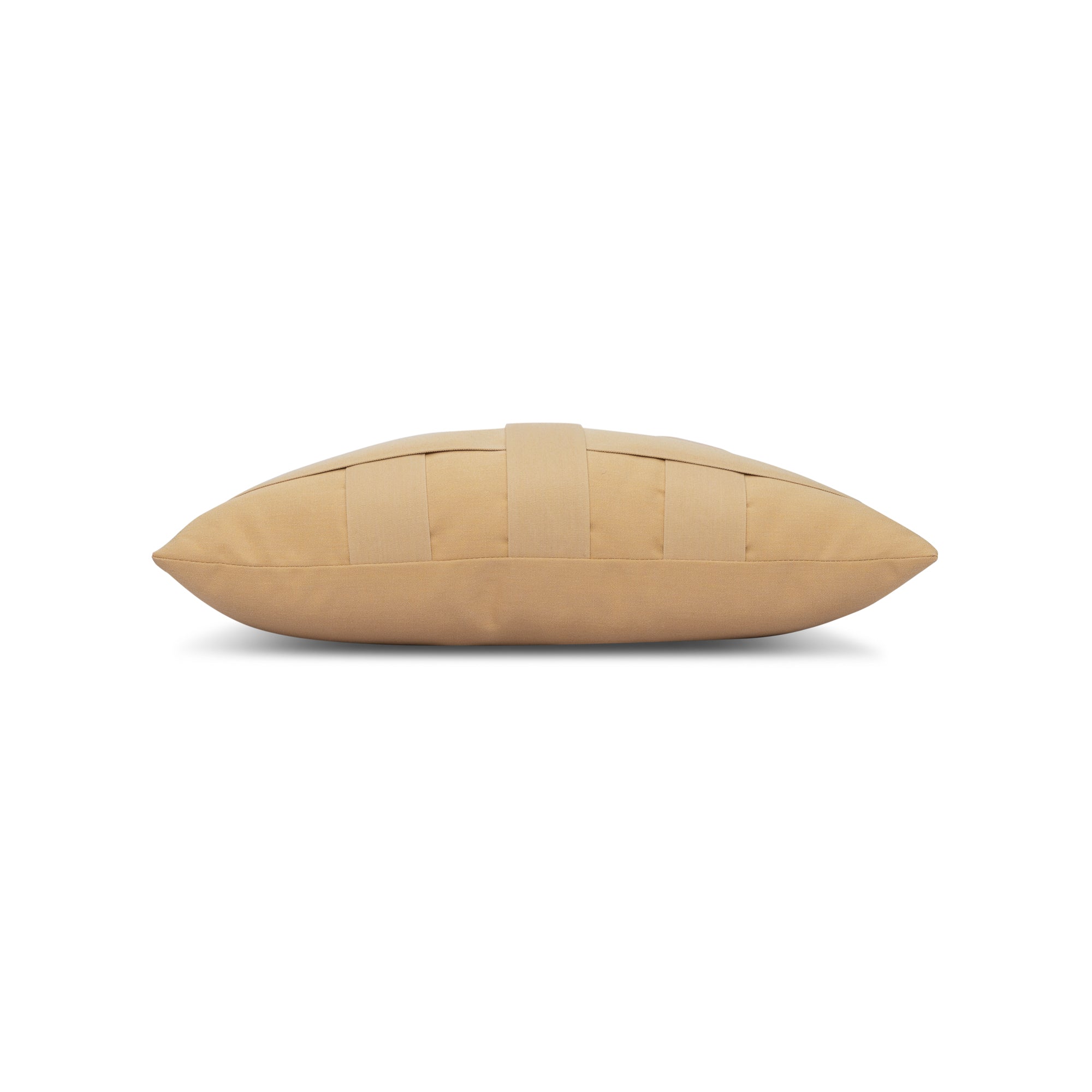 Side image of Basketweave styled pillow in golden wheat fabric for outdoor